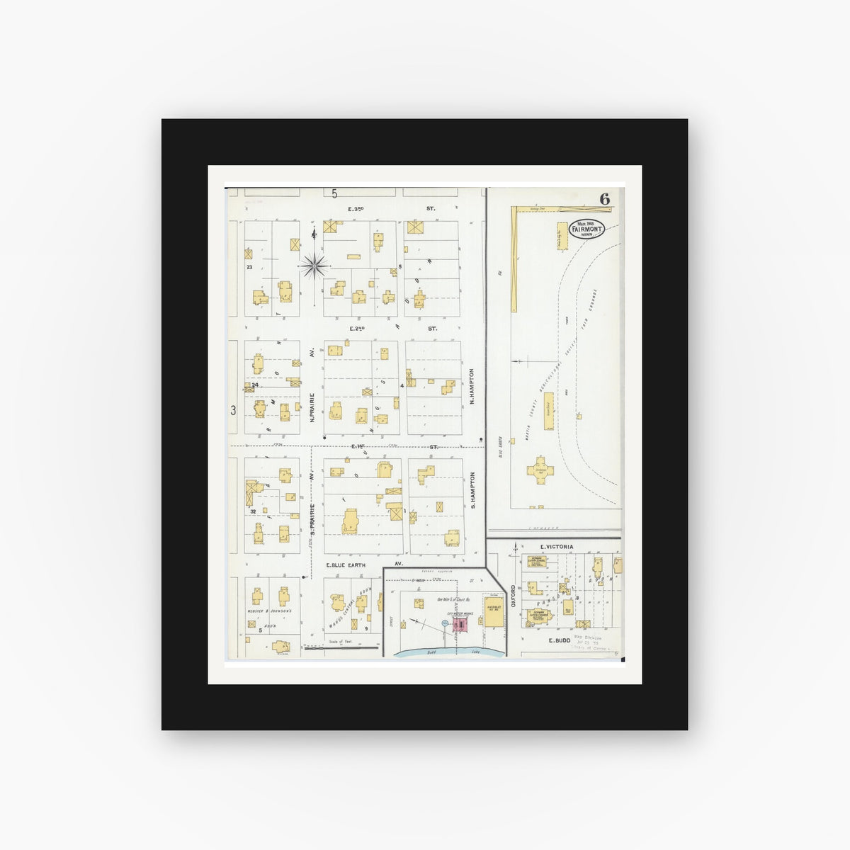 Old map wall art mockup — black gallery frame with white mat — Sanborn Fire Insurance Map from Fairmont, Martin County, Minnesota (1905), Sheet #0006