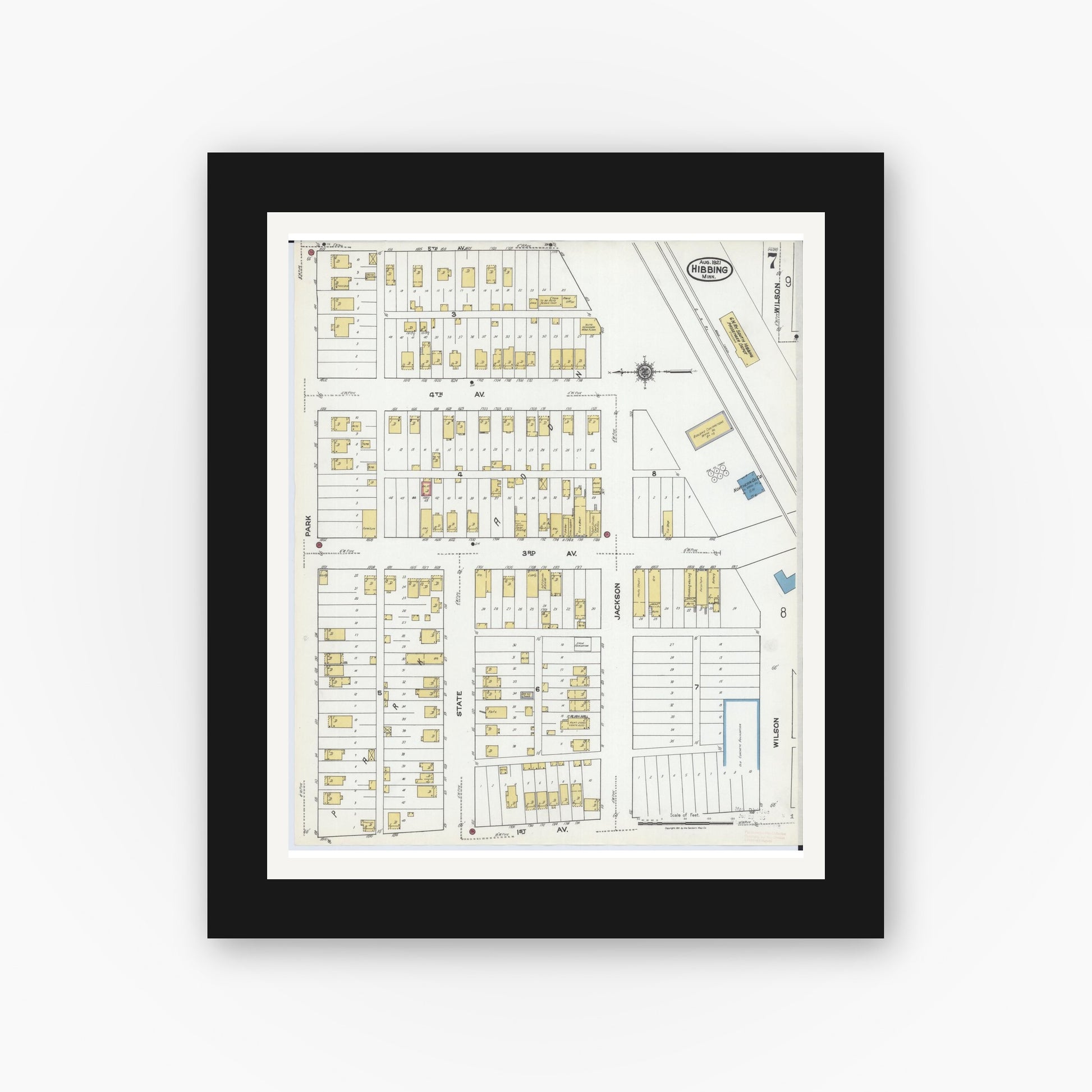 Old map wall art mockup — black gallery frame with white mat — Sanborn Fire Insurance Map from Hibbing, Saint Louis County, Minnesota (1921), Sheet #0007