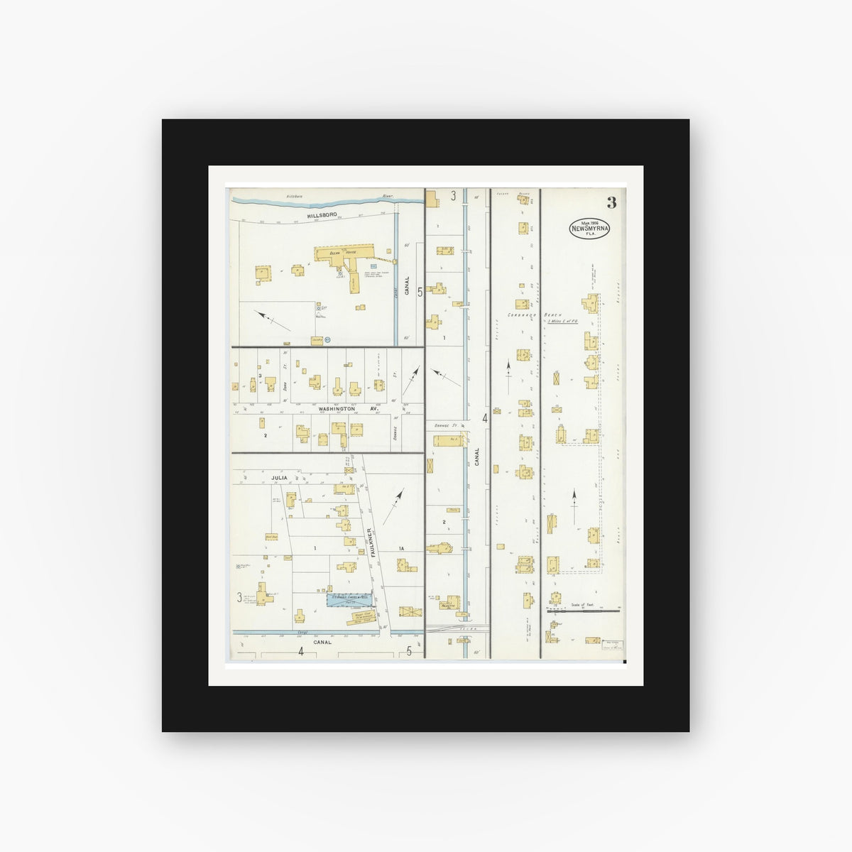 Old map wall art mockup — black gallery frame with white mat — Sanborn Fire Insurance Map from New Smyrna, Valusia County, Florida (1906), Sheet #0003