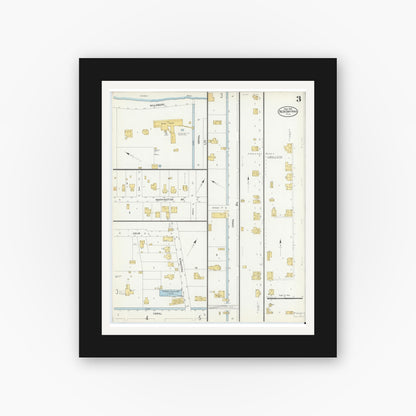 Old map wall art mockup — black gallery frame with white mat — Sanborn Fire Insurance Map from New Smyrna, Valusia County, Florida (1906), Sheet #0003