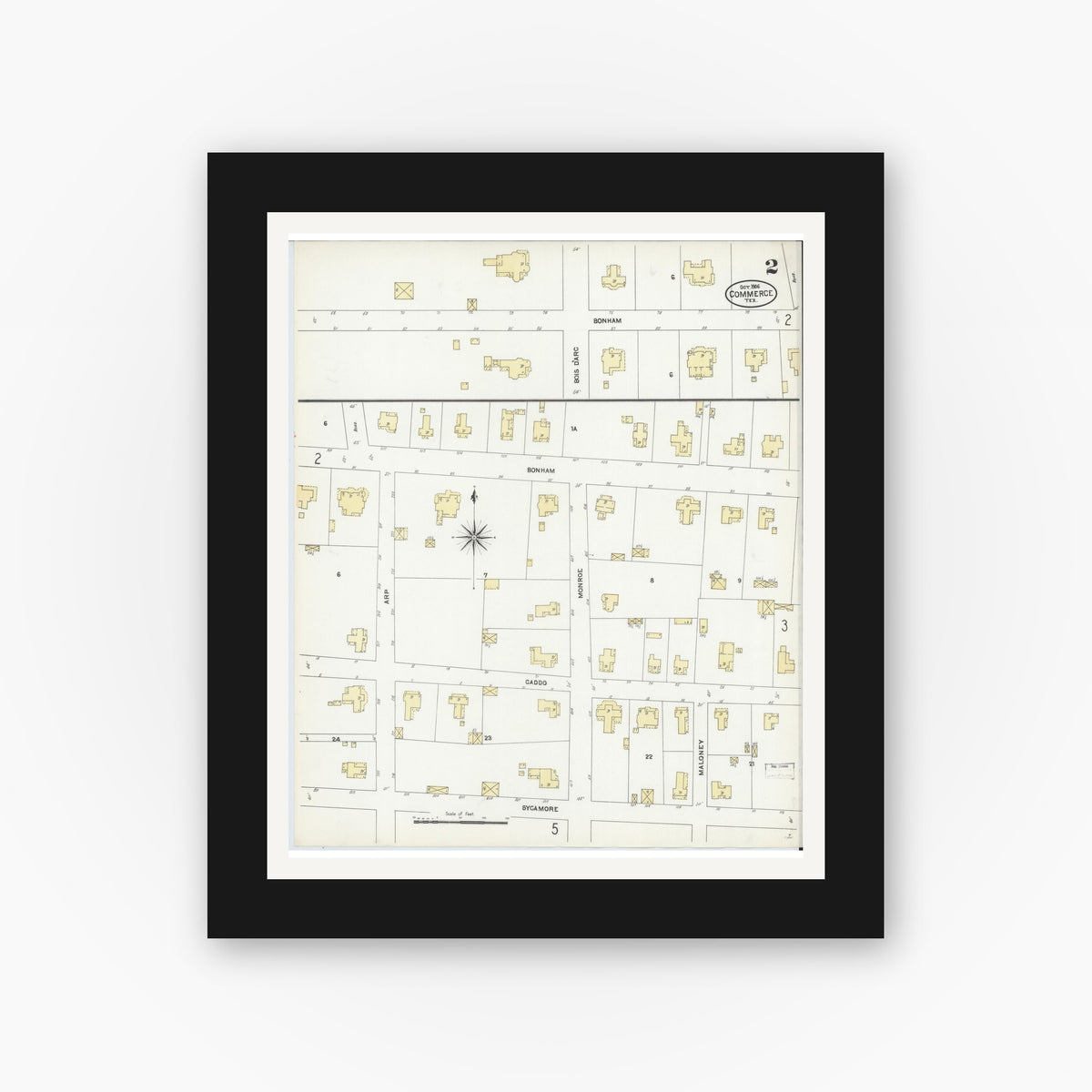 Old map wall art mockup — black gallery frame with white mat — Sanborn Fire Insurance Map from Commerce, Hunt County, Texas (1906), Sheet #0002