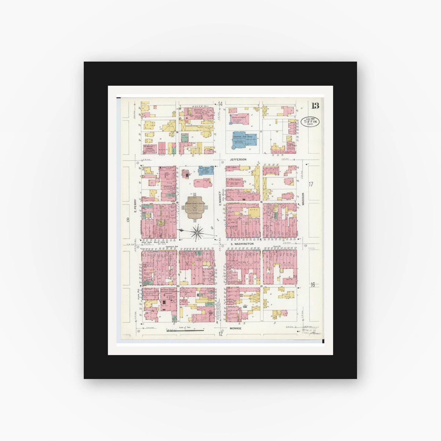Old map wall art mockup — black gallery frame with white mat — Sanborn Fire Insurance Map from Tiffin, Seneca County, Ohio (1908), Sheet #0013
