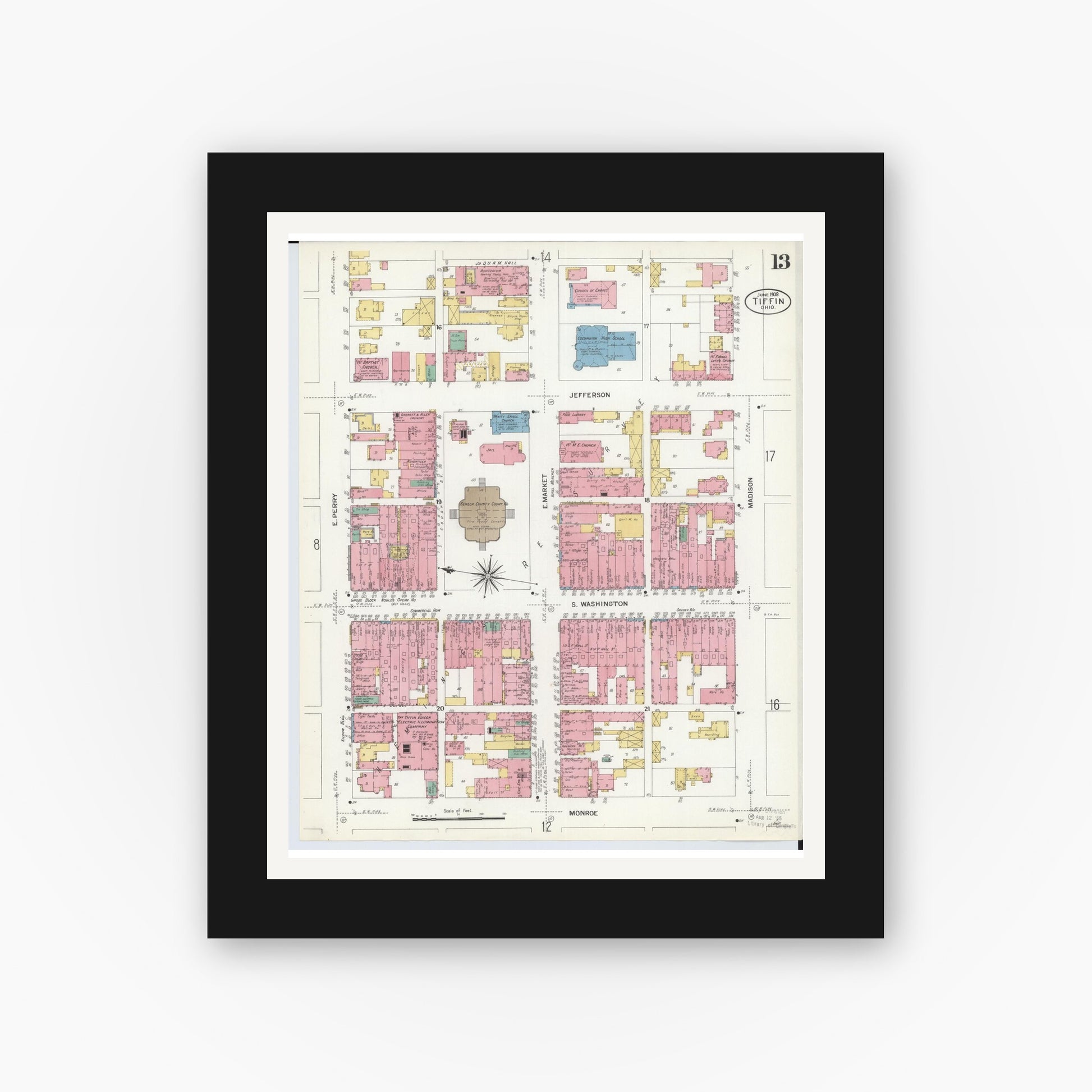 Old map wall art mockup — black gallery frame with white mat — Sanborn Fire Insurance Map from Tiffin, Seneca County, Ohio (1908), Sheet #0013