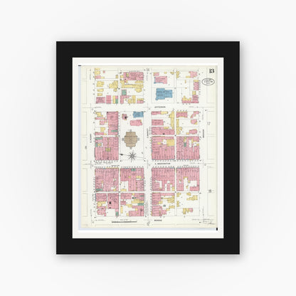 Old map wall art mockup — black gallery frame with white mat — Sanborn Fire Insurance Map from Tiffin, Seneca County, Ohio (1908), Sheet #0013