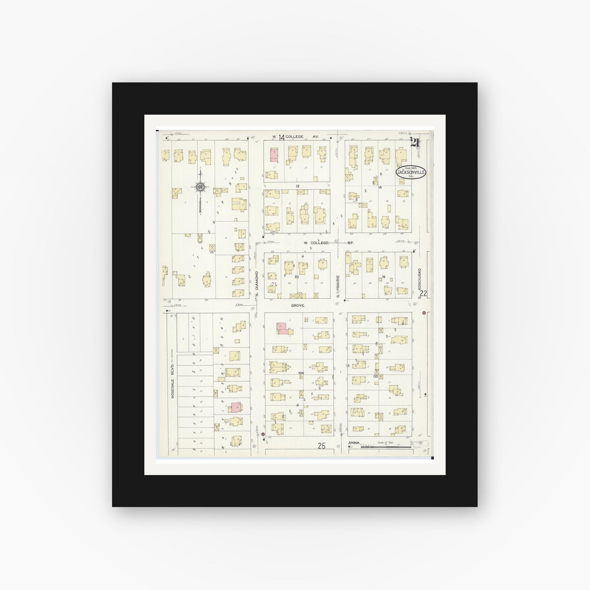 Old map wall art mockup — black gallery frame with white mat — Sanborn Fire Insurance Map from Jacksonville, Morgan County, Illinois (1914), Sheet #0021