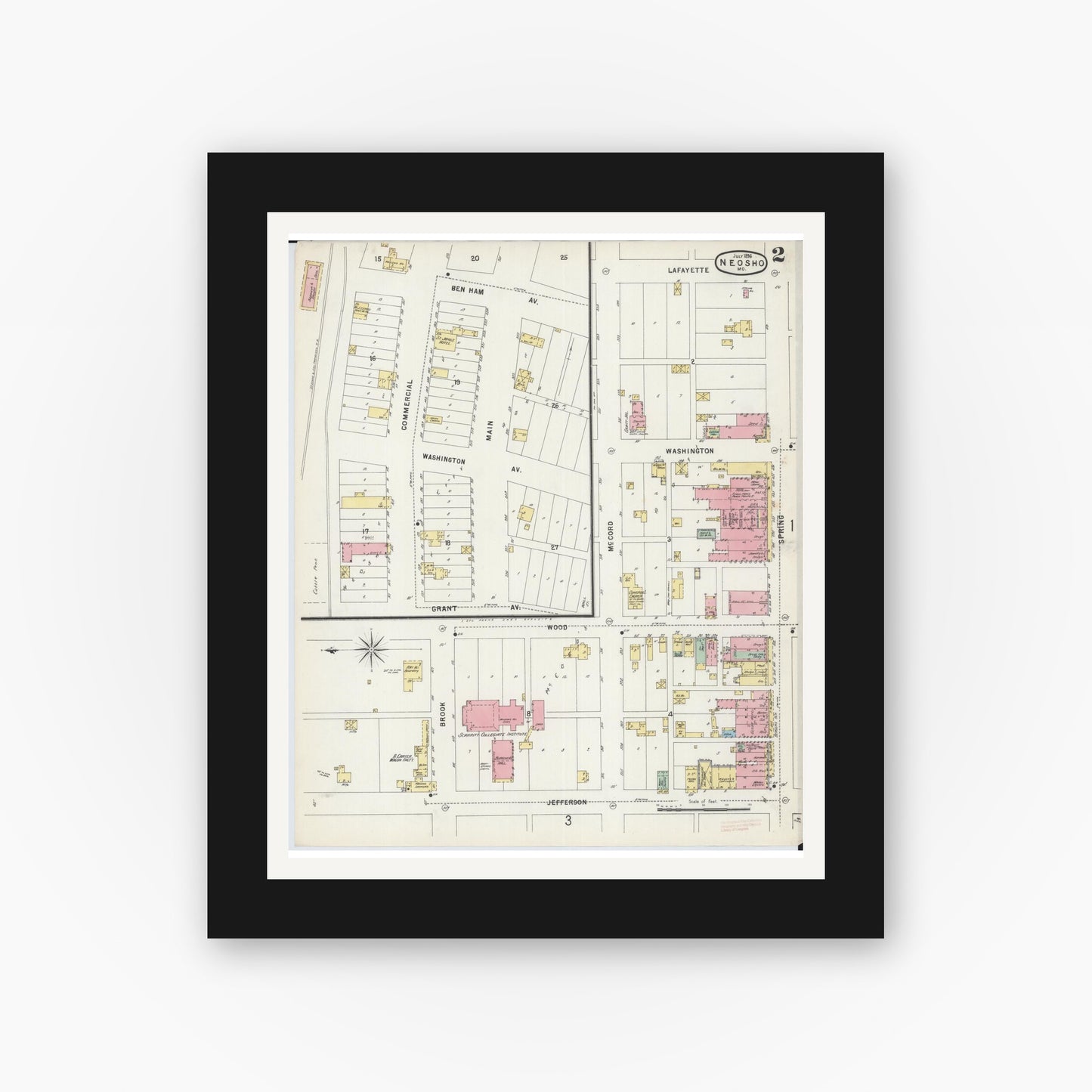 Old map wall art mockup — black gallery frame with white mat — Sanborn Fire Insurance Map from Neosho, Newton County, Missouri (1896), Sheet #0002