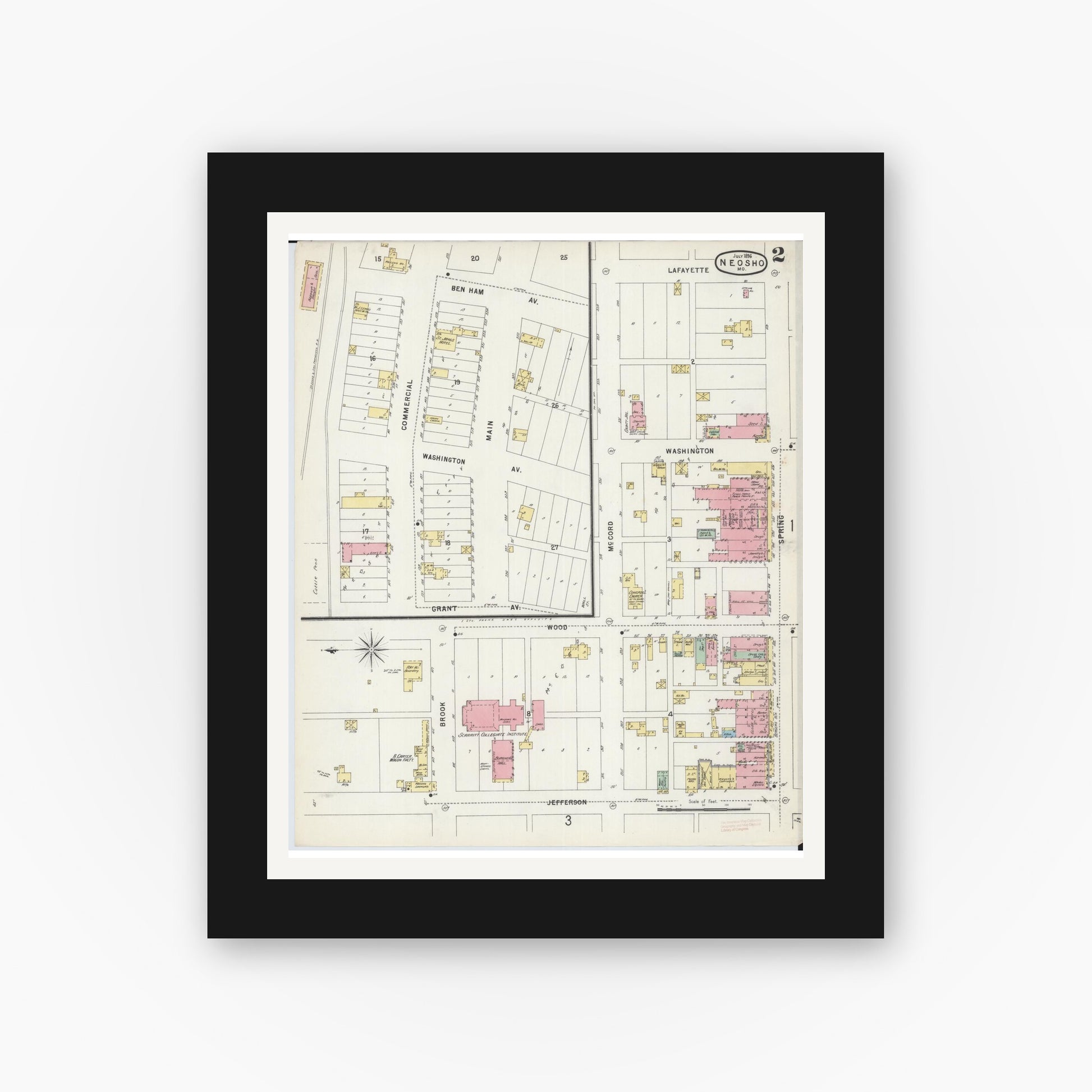 Old map wall art mockup — black gallery frame with white mat — Sanborn Fire Insurance Map from Neosho, Newton County, Missouri (1896), Sheet #0002