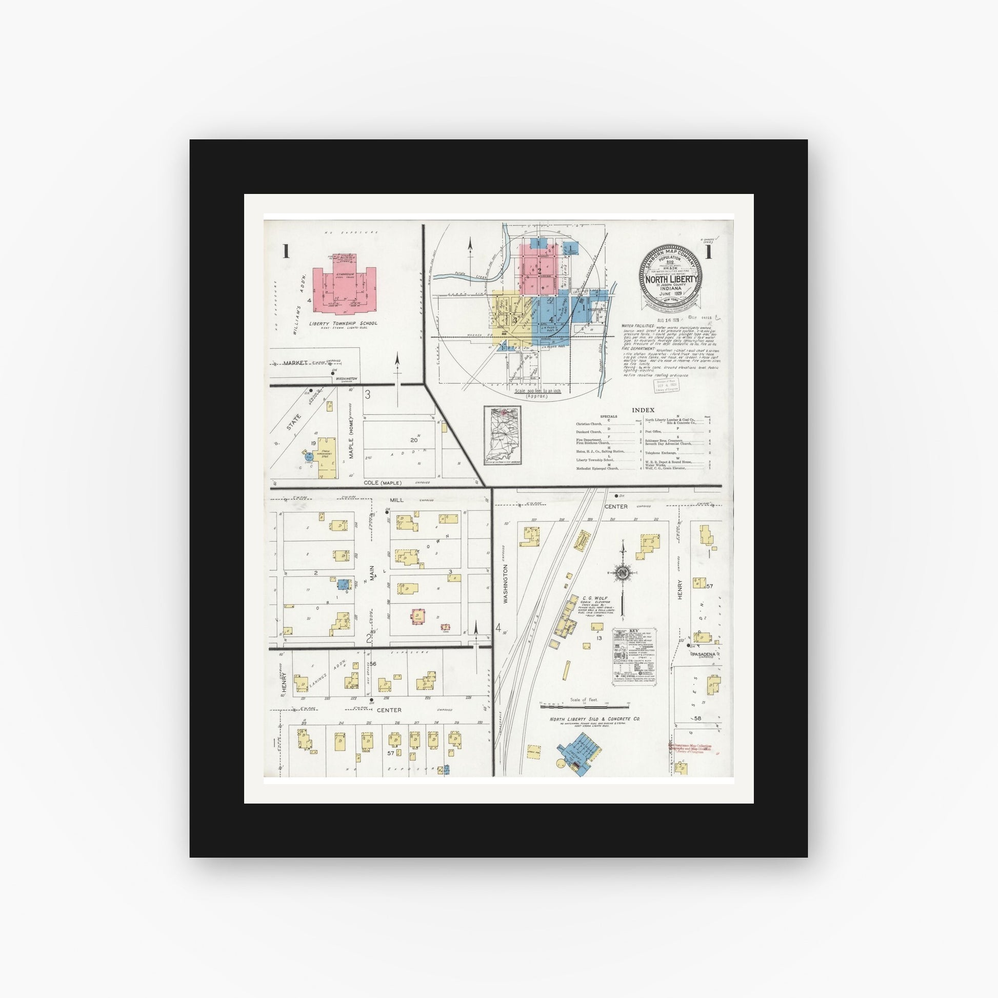 Old map wall art mockup — black gallery frame with white mat — Sanborn Fire Insurance Map from North Liberty, Saint Joseph County, Indiana (1929) - Complete Map Set