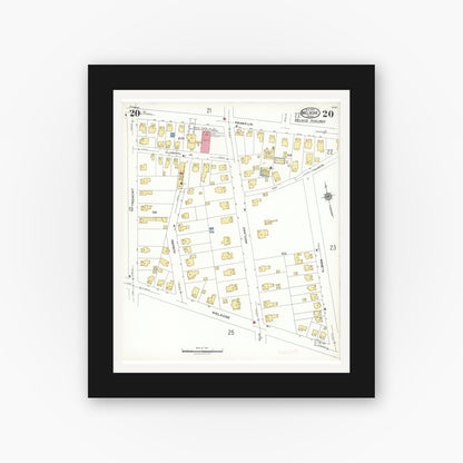 Old map wall art mockup — black gallery frame with white mat — Sanborn Fire Insurance Map from Melrose, Middlesex County, Massachusetts (1923), Sheet #0020