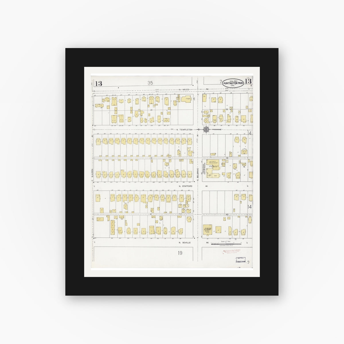 Old map wall art mockup — black gallery frame with white mat — Sanborn Fire Insurance Map from Huntington Park, Los Angeles County, California (1924), Sheet #0013