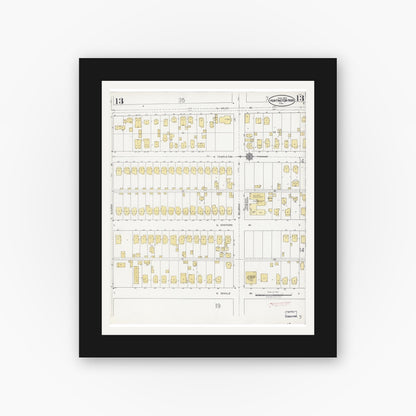 Old map wall art mockup — black gallery frame with white mat — Sanborn Fire Insurance Map from Huntington Park, Los Angeles County, California (1924), Sheet #0013