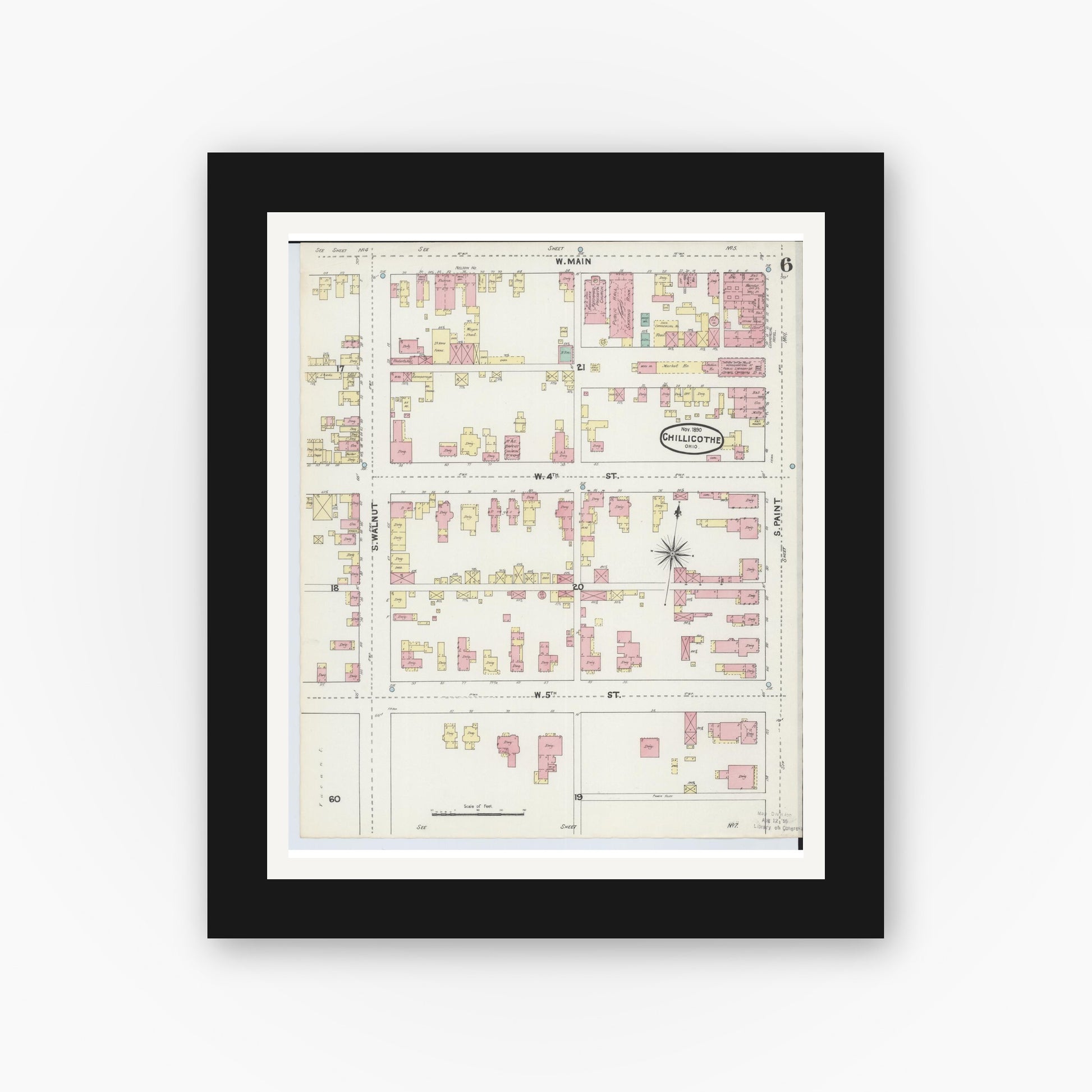Old map wall art mockup — black gallery frame with white mat — Sanborn Fire Insurance Map from Chillicothe, Ross County, Ohio (1890), Sheet #0006