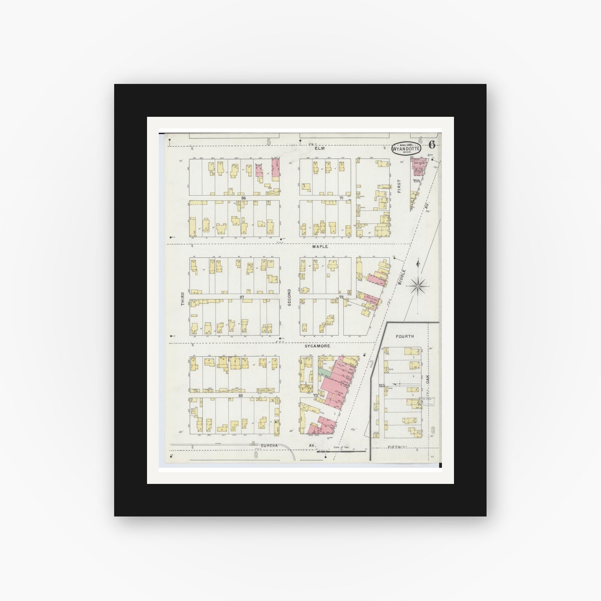 Old map wall art mockup — black gallery frame with white mat — Sanborn Fire Insurance Map from Wyandotte, Wayne County, Michigan (1895), Sheet #0006