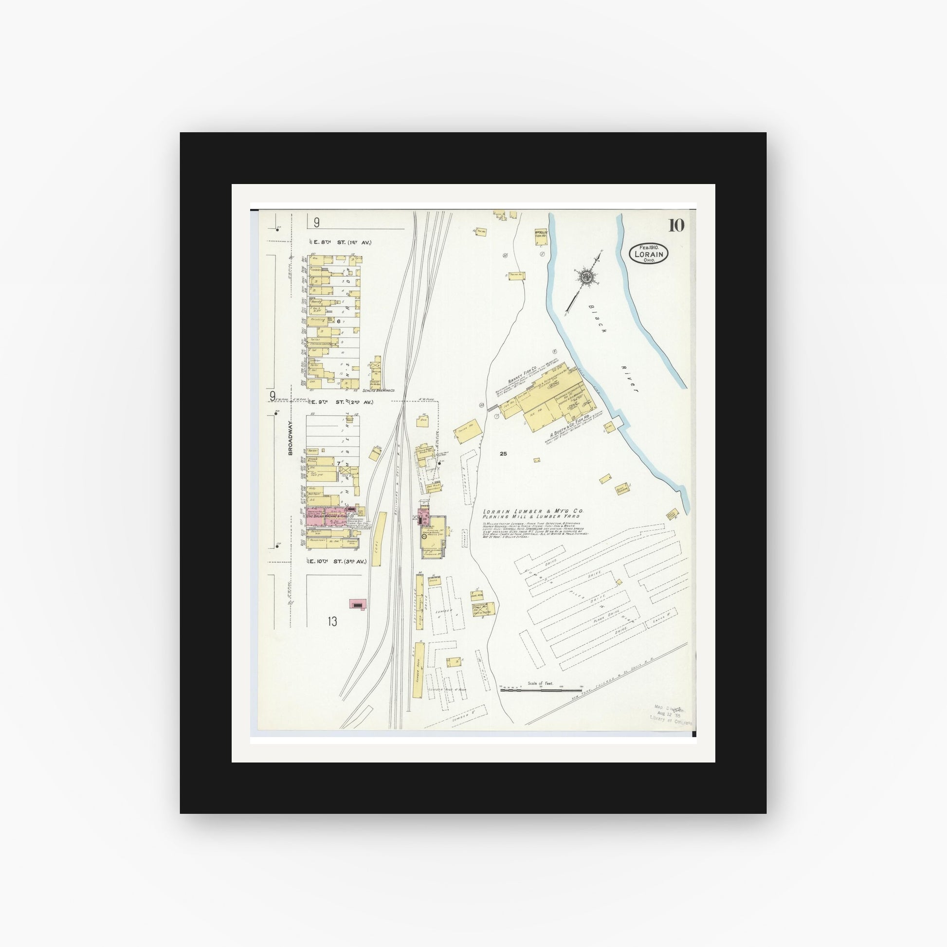 Old map wall art mockup — black gallery frame with white mat — Sanborn Fire Insurance Map from Lorain, Lorain County, Ohio (1910), Sheet #0010