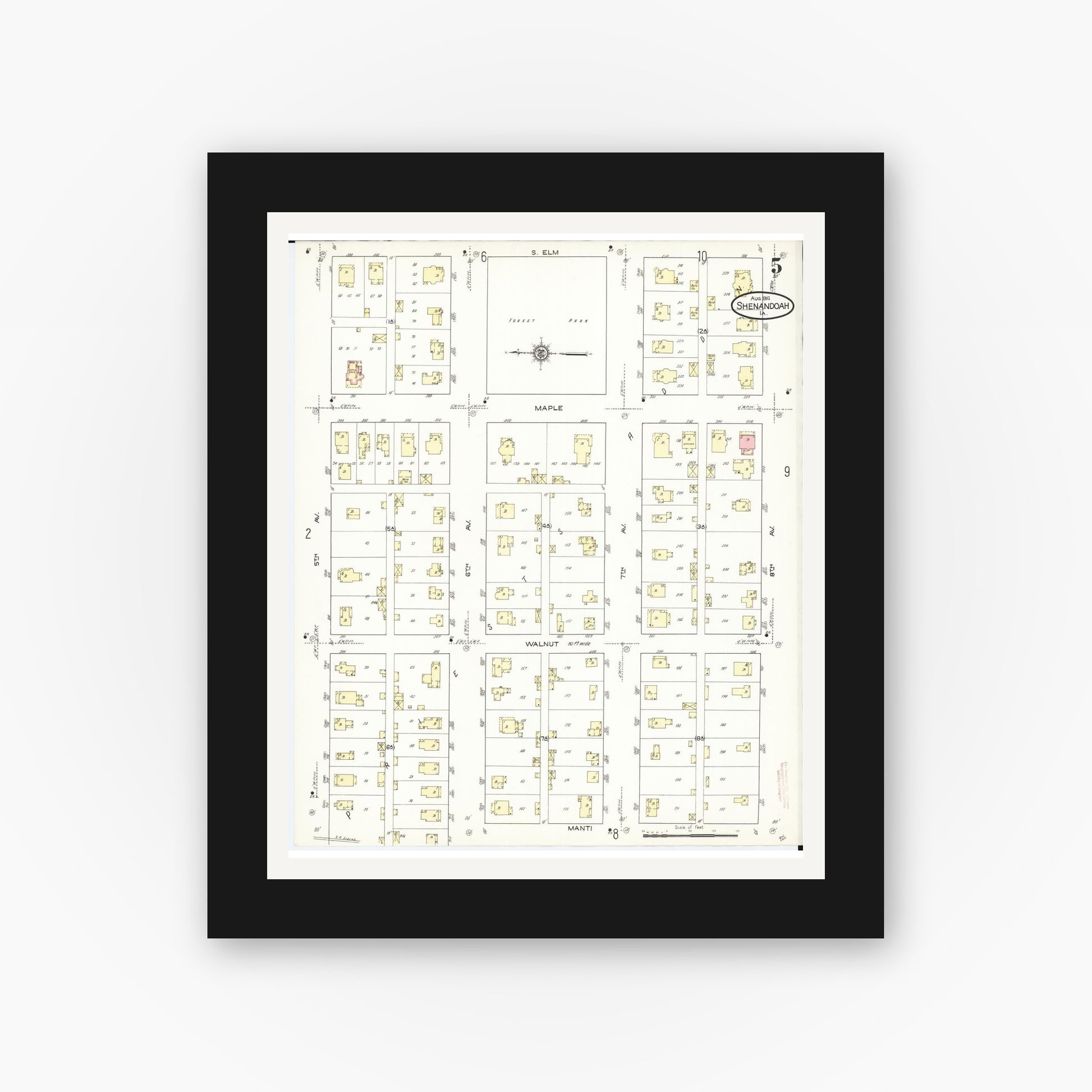 Old map wall art mockup — black gallery frame with white mat — Sanborn Fire Insurance Map from Shenandoah, Page County, Iowa (1914), Sheet #0005