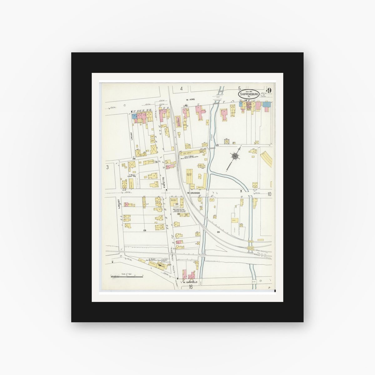 Old map wall art mockup — black gallery frame with white mat — Sanborn Fire Insurance Map from Shippensburg, Cumberland And Franklin Counties, Pennsylvania (1910), Sheet #0009