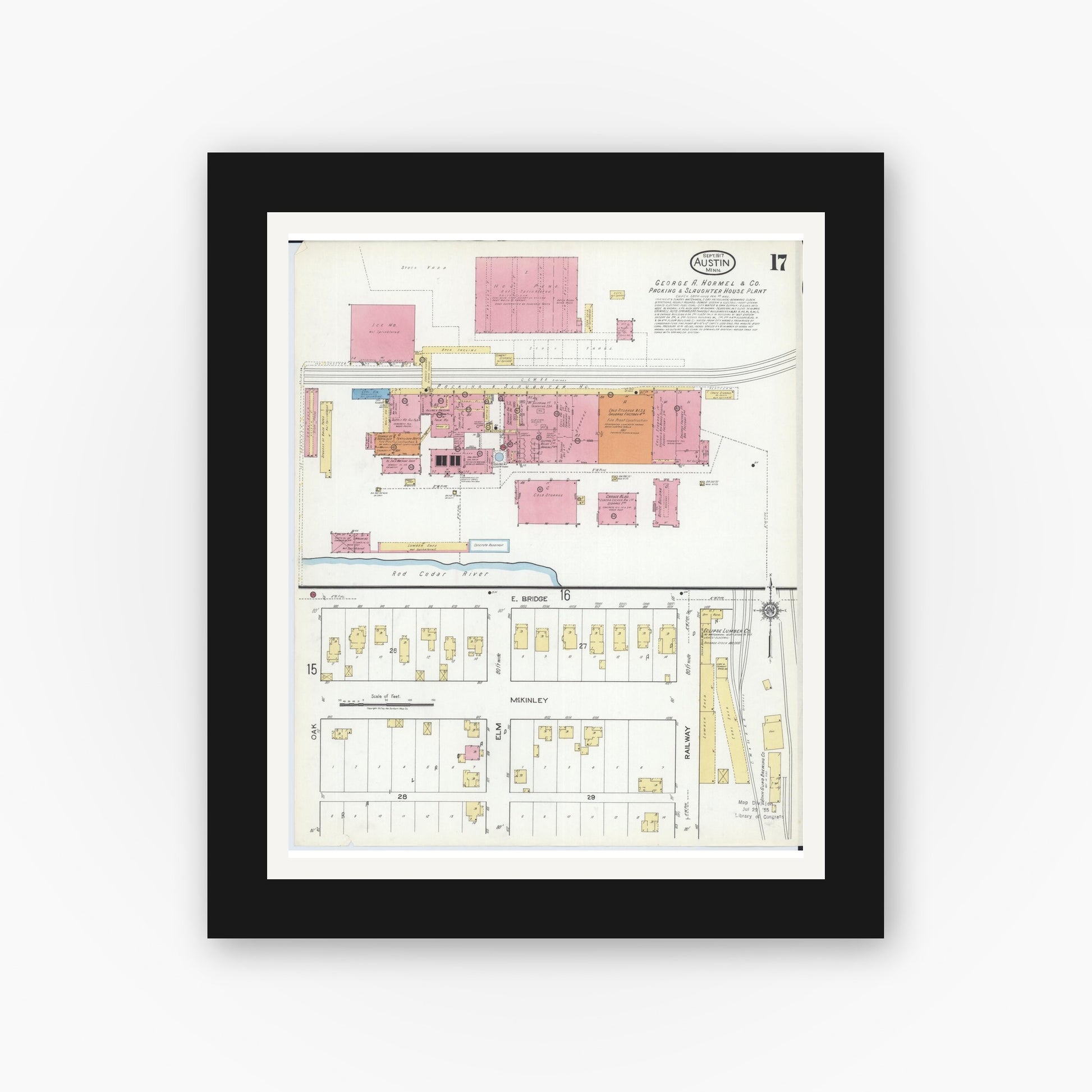 Old map wall art mockup — black gallery frame with white mat — Sanborn Fire Insurance Map from Austin, Mower County, Minnesota (1917), Sheet #0017