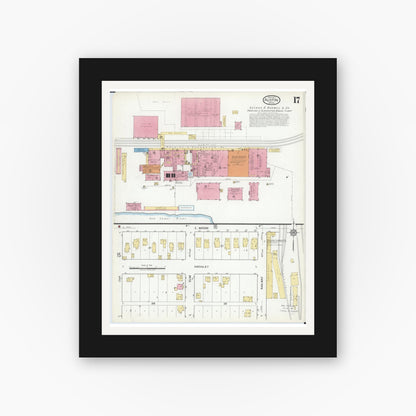 Old map wall art mockup — black gallery frame with white mat — Sanborn Fire Insurance Map from Austin, Mower County, Minnesota (1917), Sheet #0017