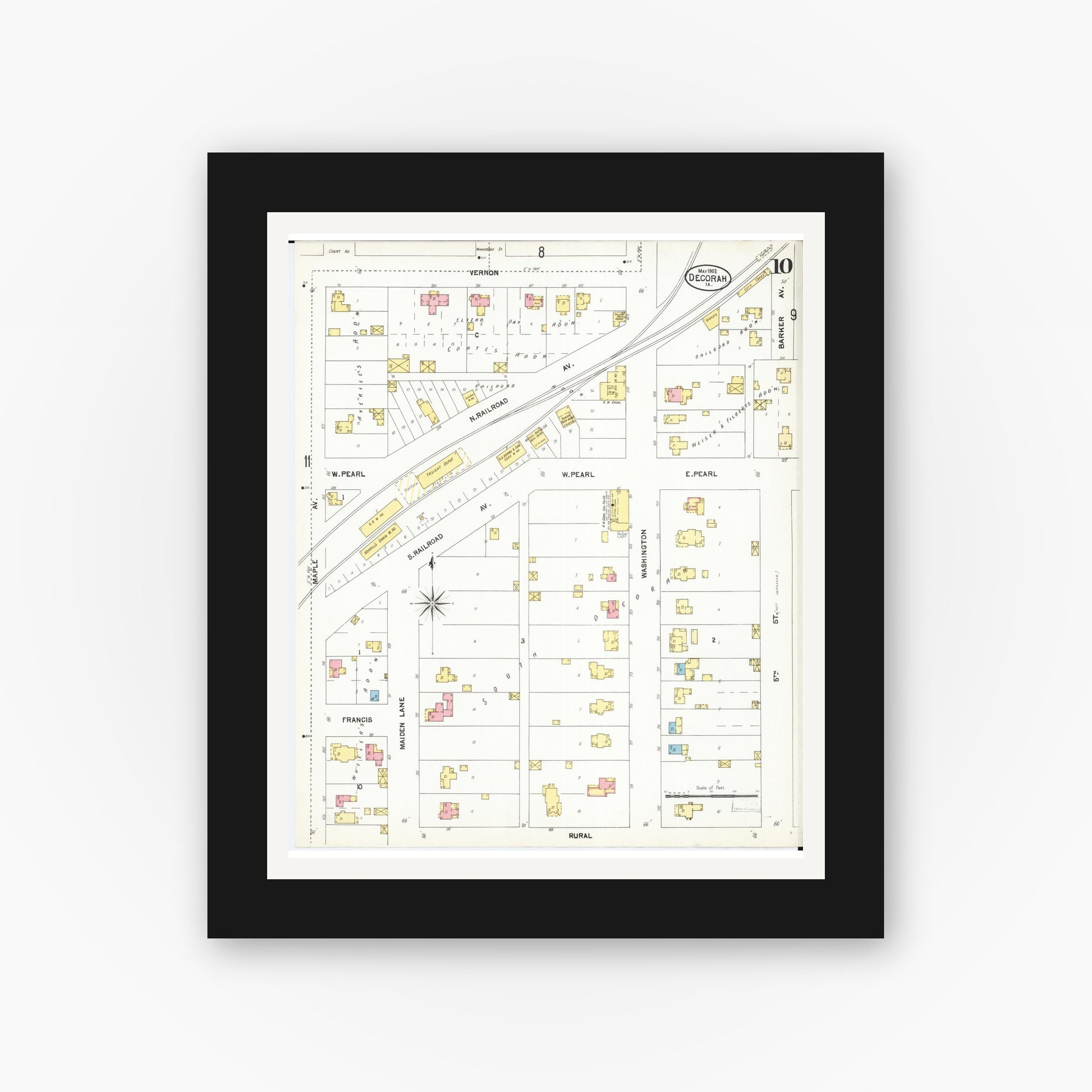 Old map wall art mockup — black gallery frame with white mat — Sanborn Fire Insurance Map from Decorah, Winneshiek County, Iowa (1902), Sheet #0010