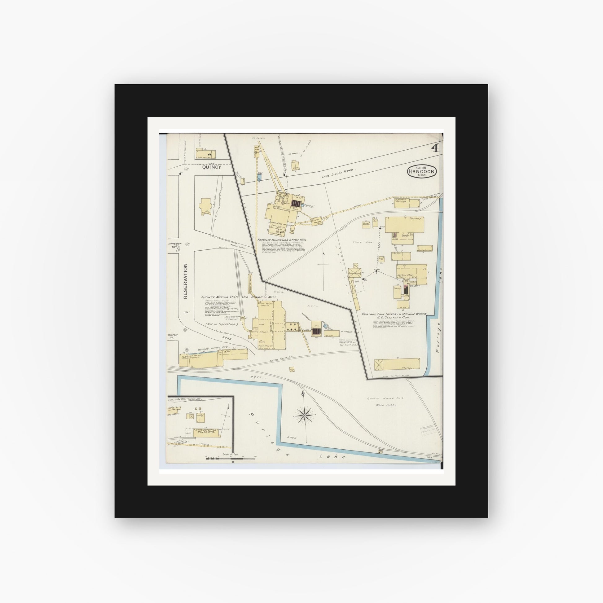 Old map wall art mockup — black gallery frame with white mat — Sanborn Fire Insurance Map from Houghton, Houghton County, Michigan (1893), Sheet #0004