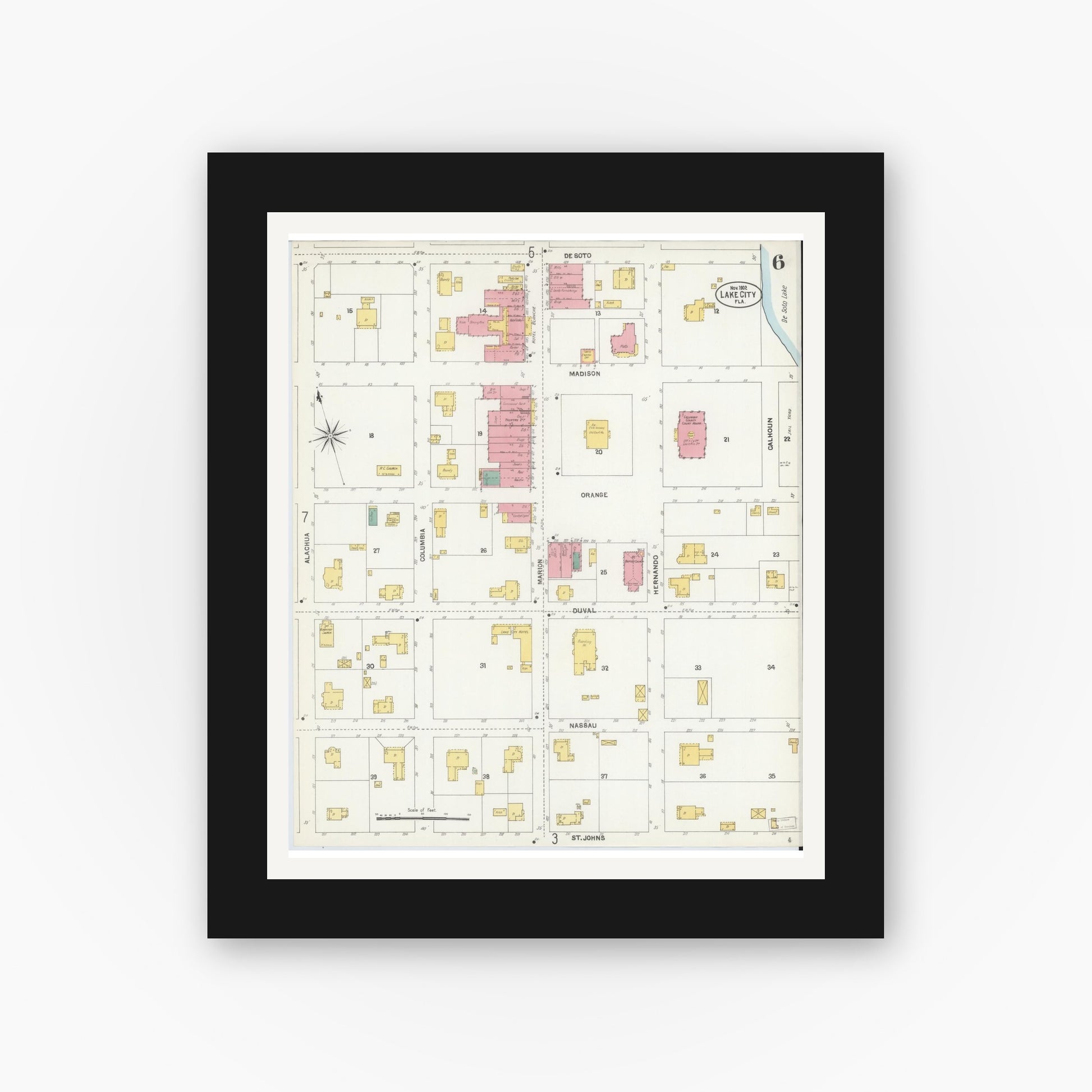 Old map wall art mockup — black gallery frame with white mat — Sanborn Fire Insurance Map from Lake City, Columbia County, Florida (1902), Sheet #0006