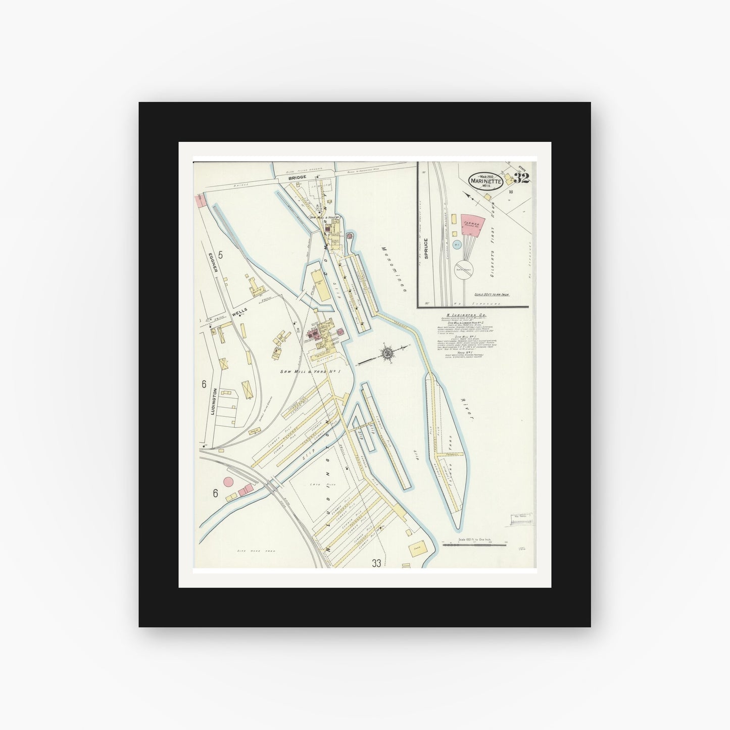 Old map wall art mockup — black gallery frame with white mat — Sanborn Fire Insurance Map from Marinette, Marinette County, Wisconsin (1910), Sheet #0032