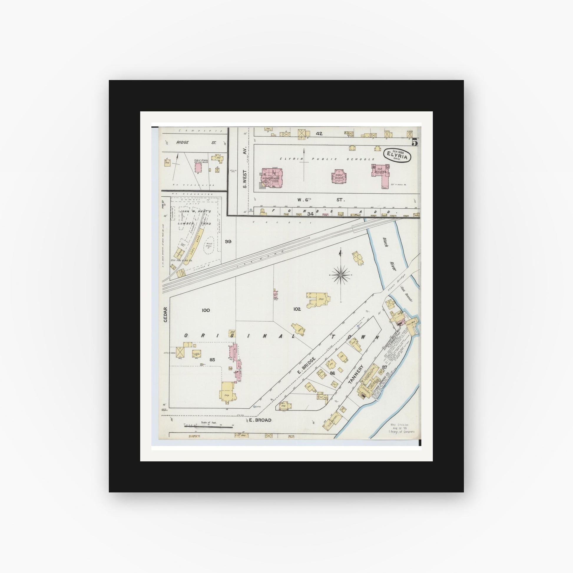 Old map wall art mockup — black gallery frame with white mat — Sanborn Fire Insurance Map from Elyria, Lorain County, Ohio (1888), Sheet #0005