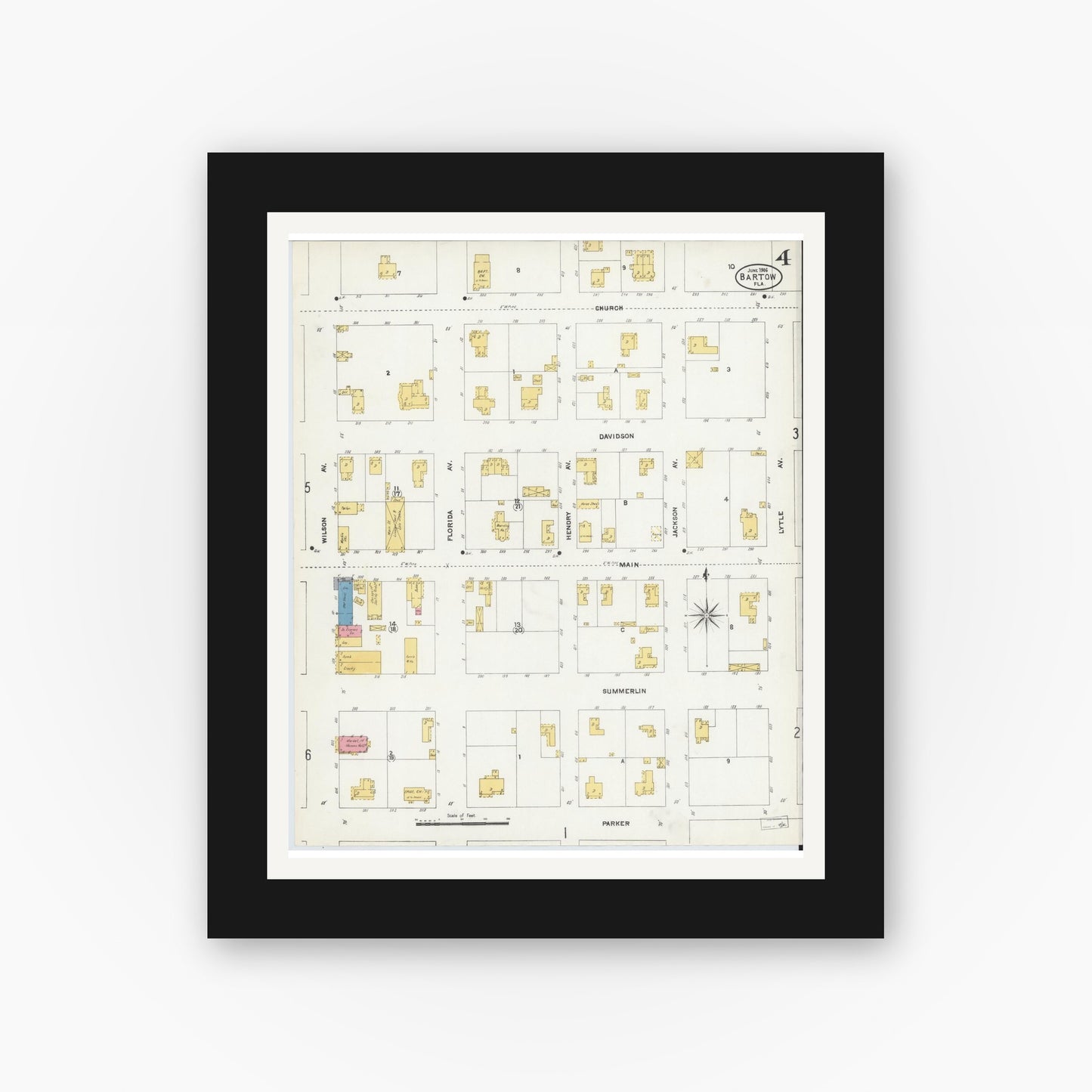 Old map wall art mockup — black gallery frame with white mat — Sanborn Fire Insurance Map from Bartow, Polk County, Florida (1906), Sheet #0004