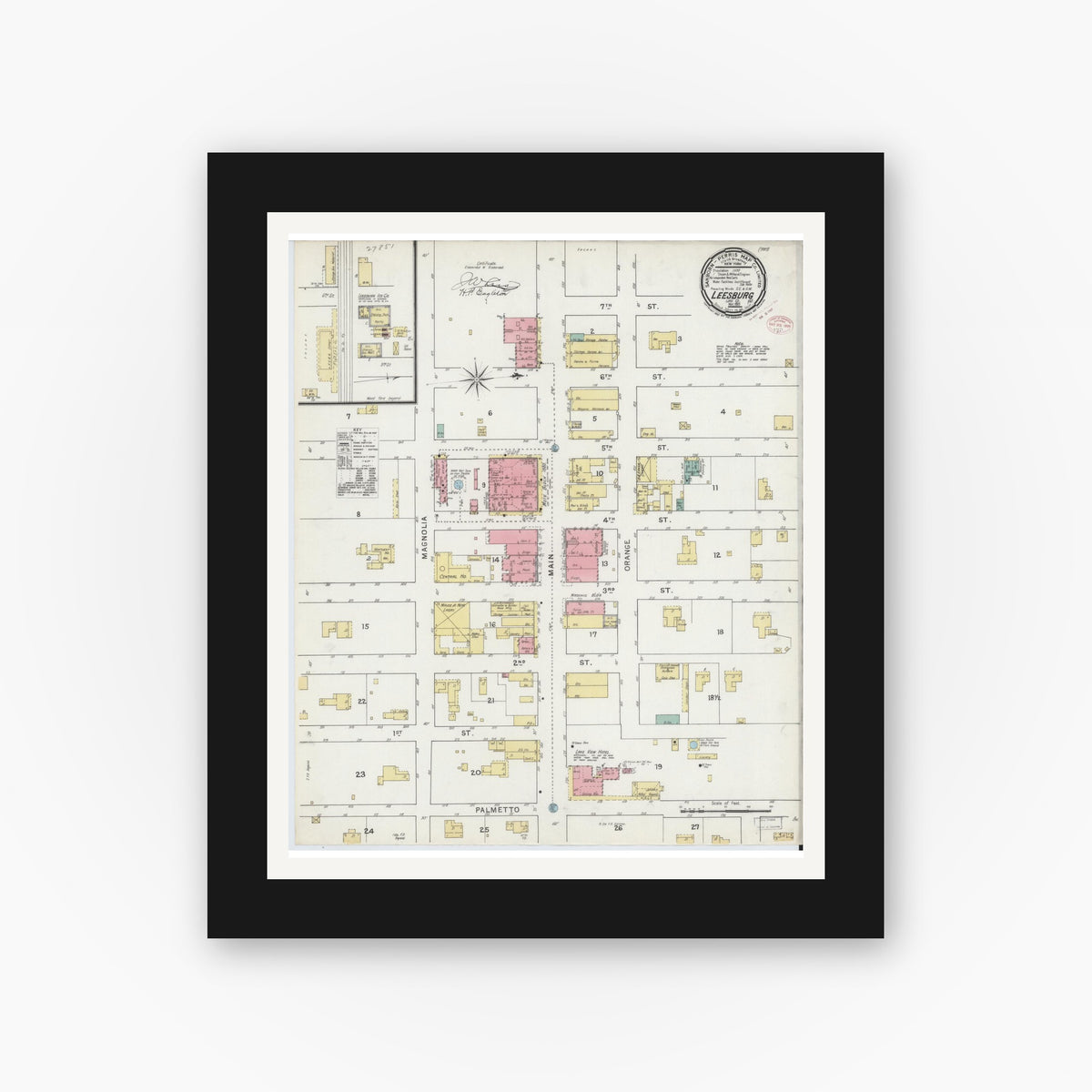 Old map wall art mockup — black gallery frame with white mat — Sanborn Fire Insurance Map from Leesburg, Lake County, Florida (1895), Sheet #0001