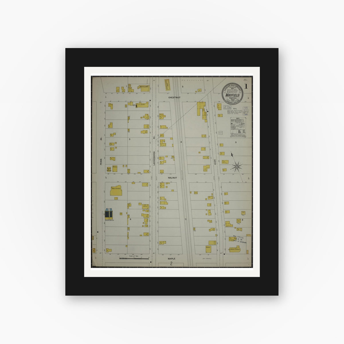 Old map wall art mockup — black gallery frame with white mat — Sanborn Fire Insurance Map from Mayfield, Lackawanna County, Pennsylvania (1903), Sheet #0001