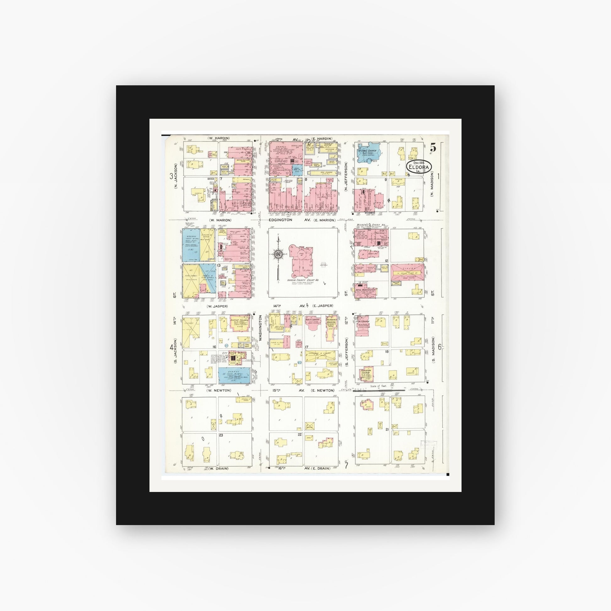 Old map wall art mockup — black gallery frame with white mat — Sanborn Fire Insurance Map from Eldora, Hardin County, Iowa (1915), Sheet #0005