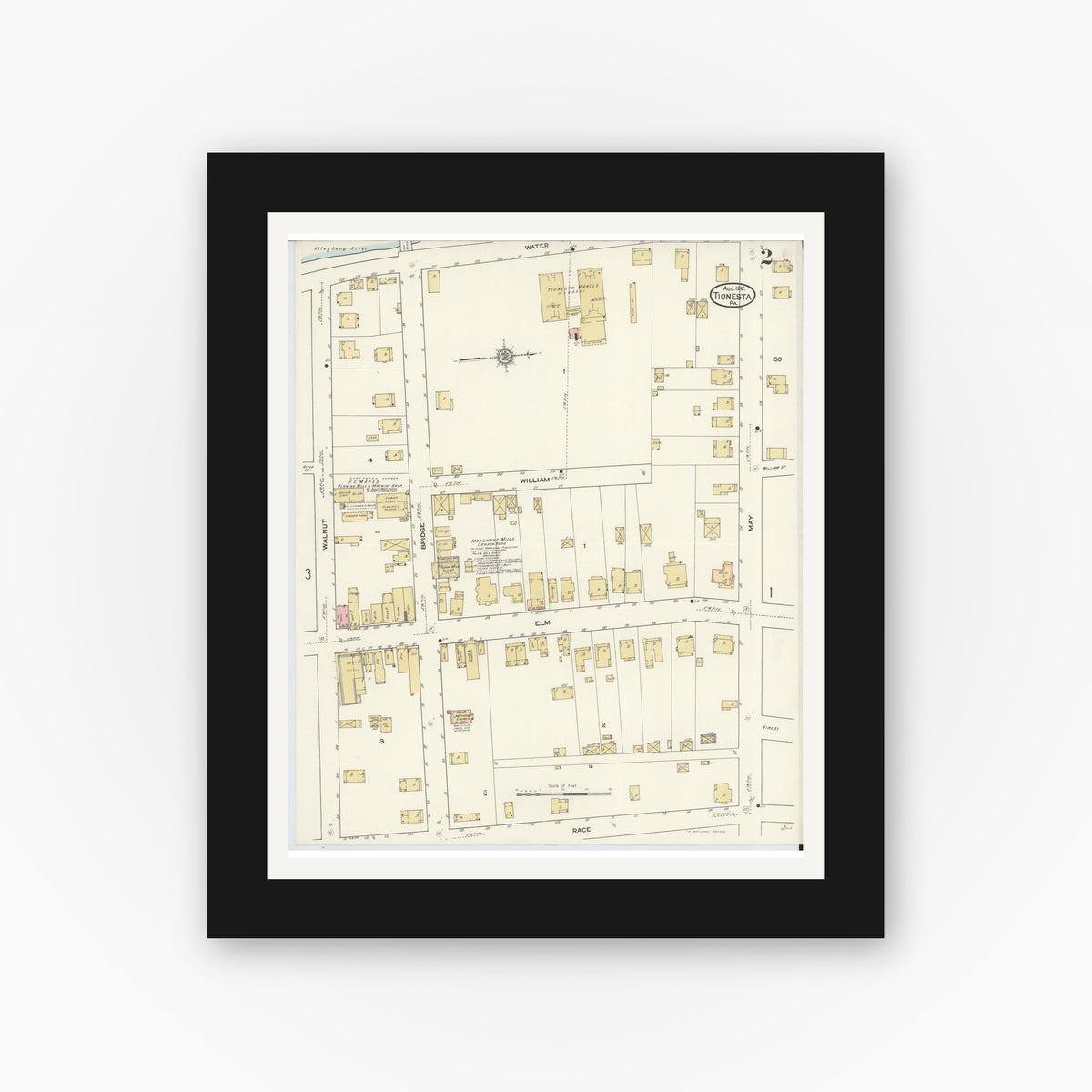Old map wall art mockup — black gallery frame with white mat — Sanborn Fire Insurance Map from Tionesta, Forest County, Pennsylvania (1912), Sheet #0002