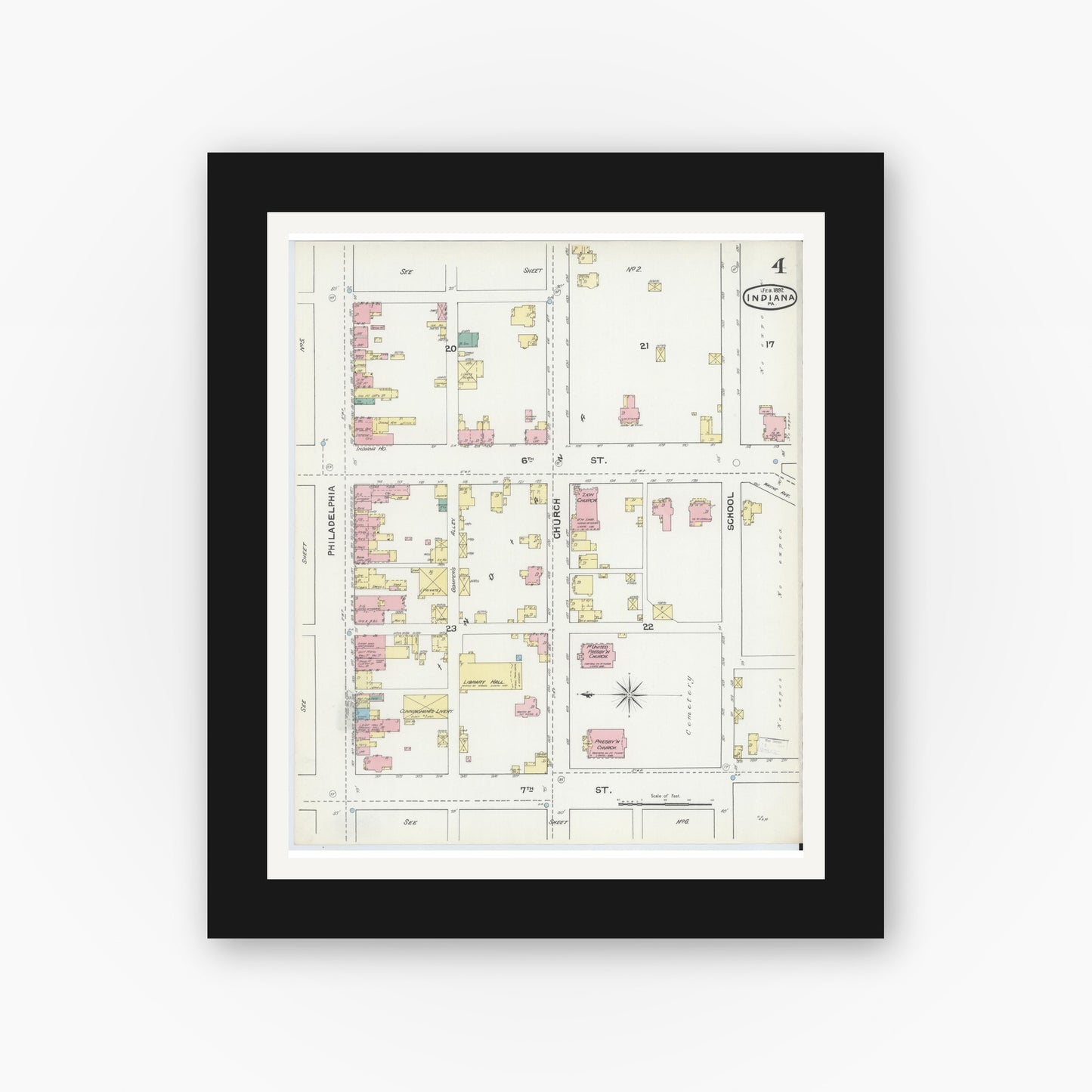 Old map wall art mockup — black gallery frame with white mat — Sanborn Fire Insurance Map from Indiana, Indiana County, Pennsylvania (1892), Sheet #0004