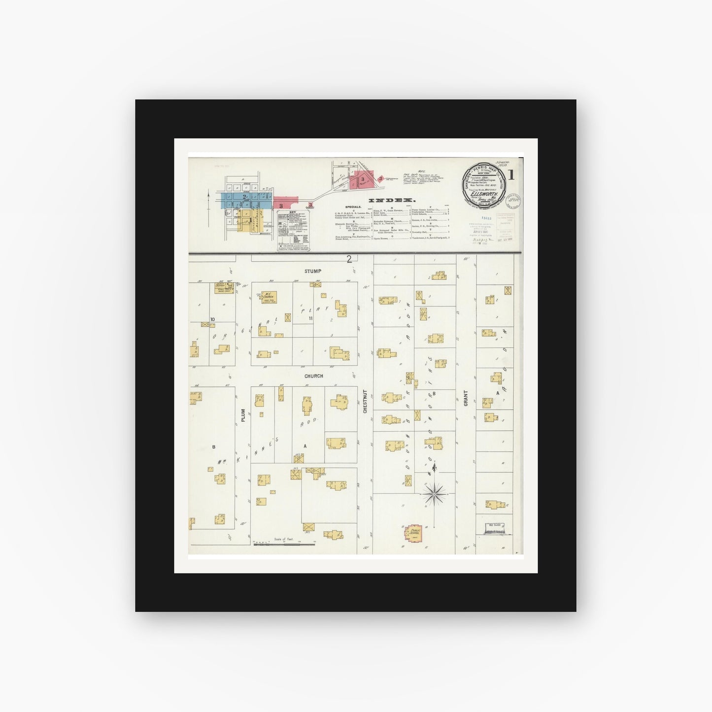 Old map wall art mockup — black gallery frame with white mat — Sanborn Fire Insurance Map from Ellsworth, Pierce County, Wisconsin (1900) - Complete Map Set
