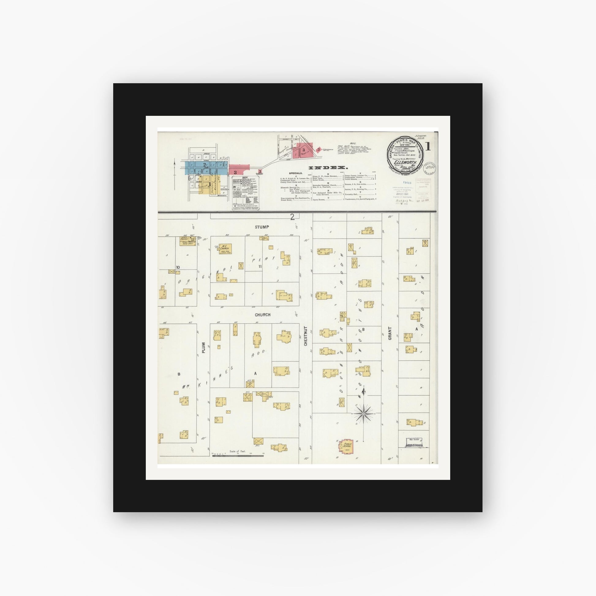 Old map wall art mockup — black gallery frame with white mat — Sanborn Fire Insurance Map from Ellsworth, Pierce County, Wisconsin (1900) - Complete Map Set
