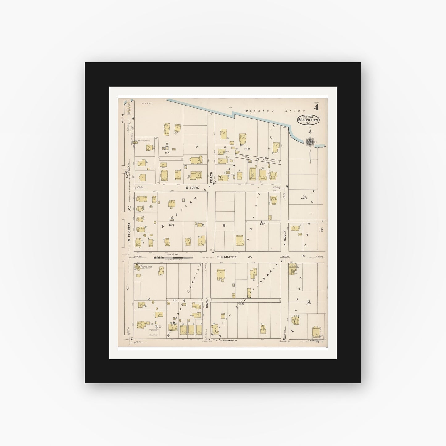 Old map wall art mockup — black gallery frame with white mat — Sanborn Fire Insurance Map from Bradentown, Manatee County, Florida (1922), Sheet #0004