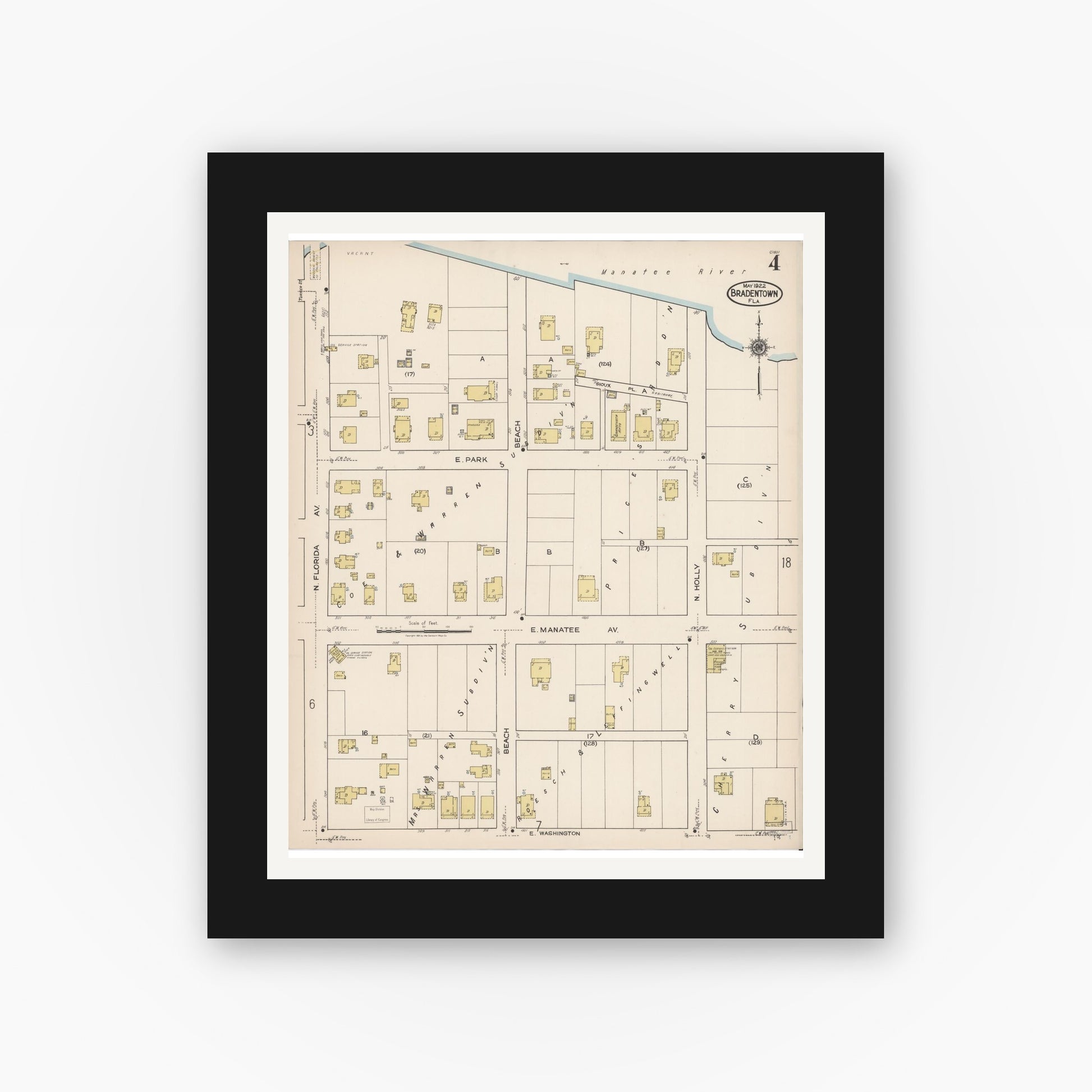 Old map wall art mockup — black gallery frame with white mat — Sanborn Fire Insurance Map from Bradentown, Manatee County, Florida (1922), Sheet #0004