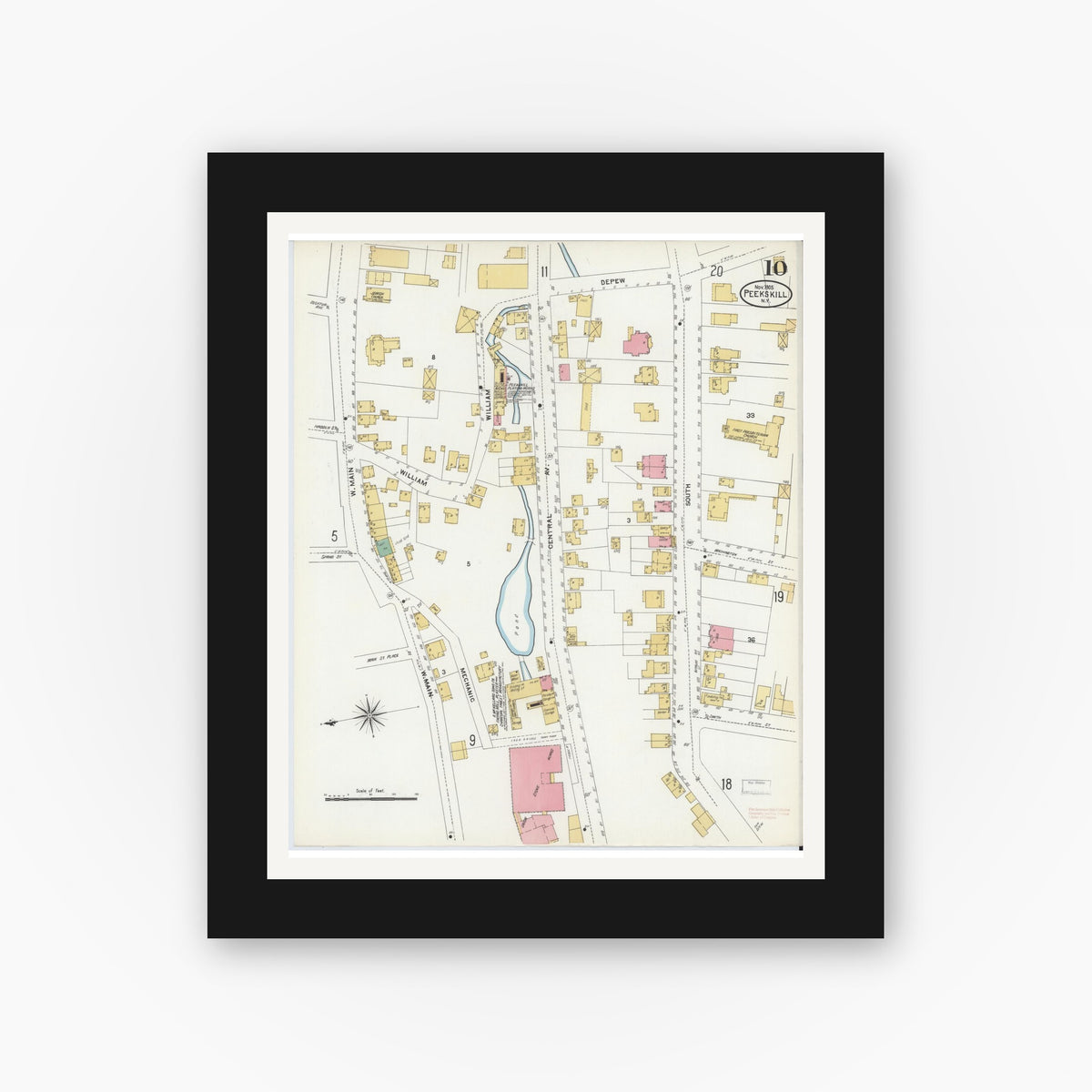 Old map wall art mockup — black gallery frame with white mat — Sanborn Fire Insurance Map from Peekskill, Westchester County, New York (1905), Sheet #0010