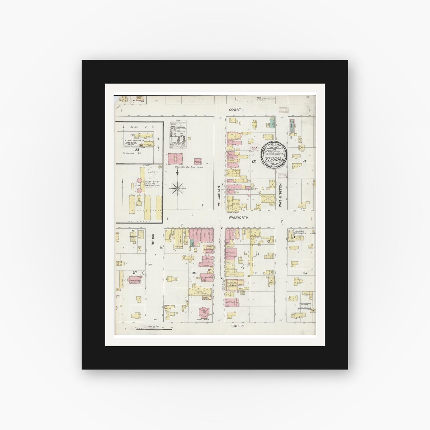 Old map wall art mockup — black gallery frame with white mat — Sanborn Fire Insurance Map from Elkhorn, Walworth County, Wisconsin (1893), Sheet #0001