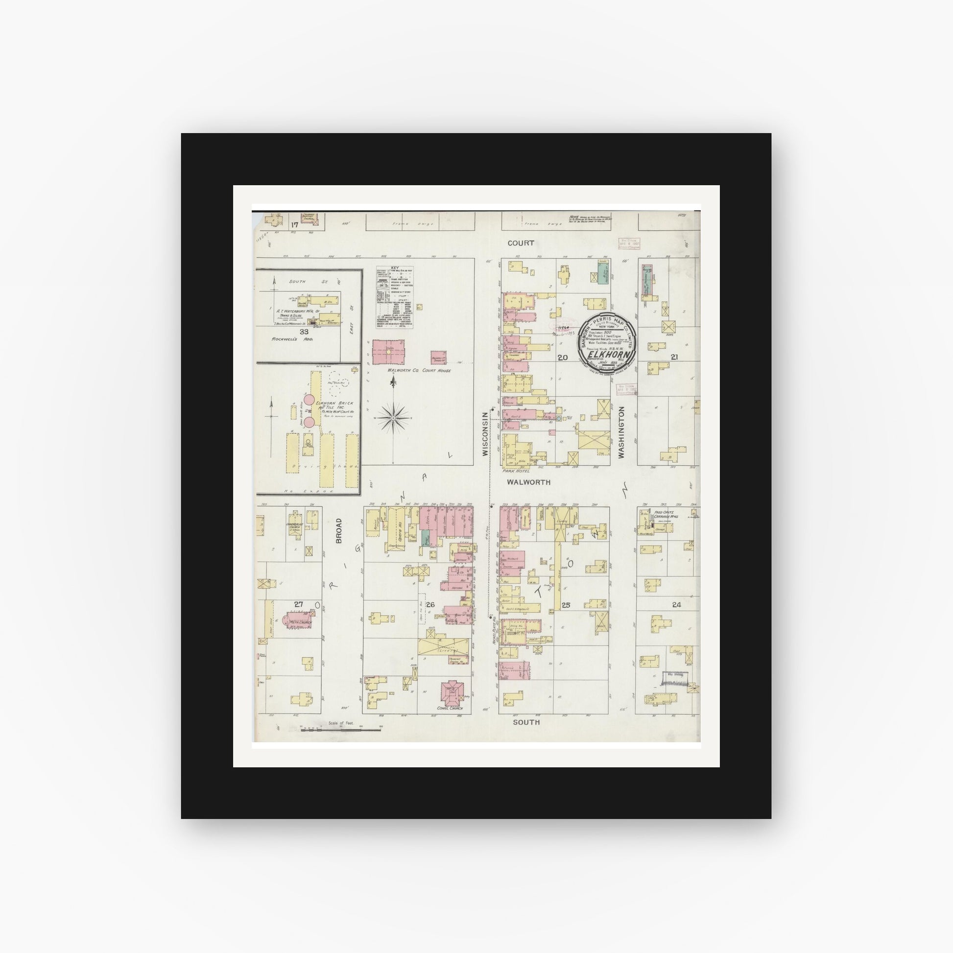 Old map wall art mockup — black gallery frame with white mat — Sanborn Fire Insurance Map from Elkhorn, Walworth County, Wisconsin (1893), Sheet #0001
