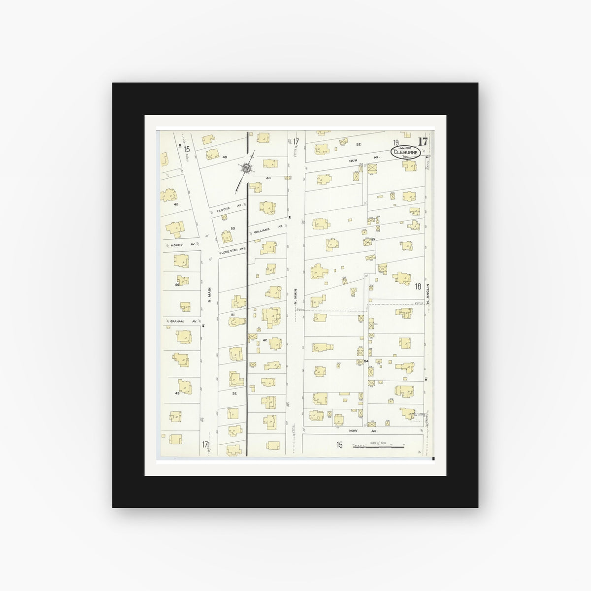 Old map wall art mockup — black gallery frame with white mat — Sanborn Fire Insurance Map from Cleburne, Johnson County, Texas (1910), Sheet #0017