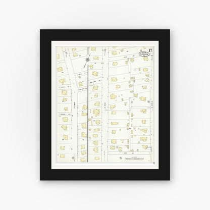 Old map wall art mockup — black gallery frame with white mat — Sanborn Fire Insurance Map from Cleburne, Johnson County, Texas (1910), Sheet #0017
