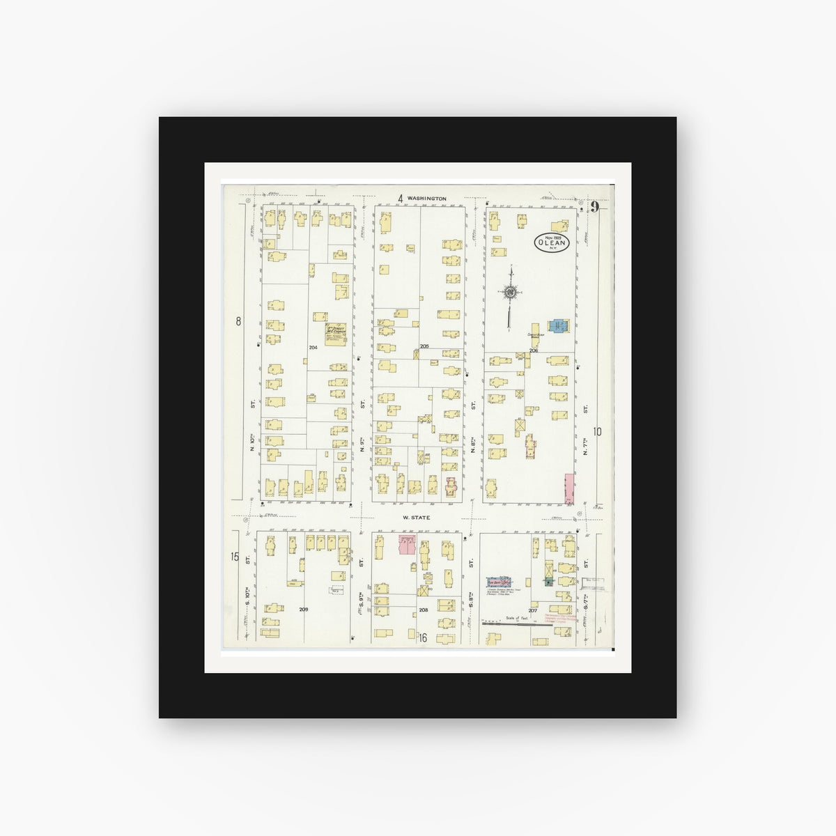 Old map wall art mockup — black gallery frame with white mat — Sanborn Fire Insurance Map from Olean, Cattaraugus County, New York (1909), Sheet #0009