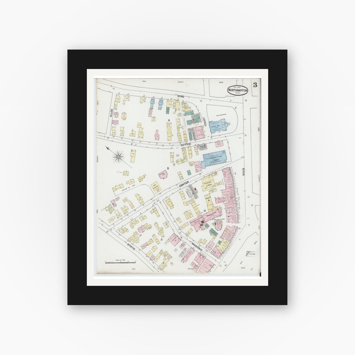 Old map wall art mockup — black gallery frame with white mat — Sanborn Fire Insurance Map from Northampton, Hampshire County, Massachusetts (1889), Sheet #0003