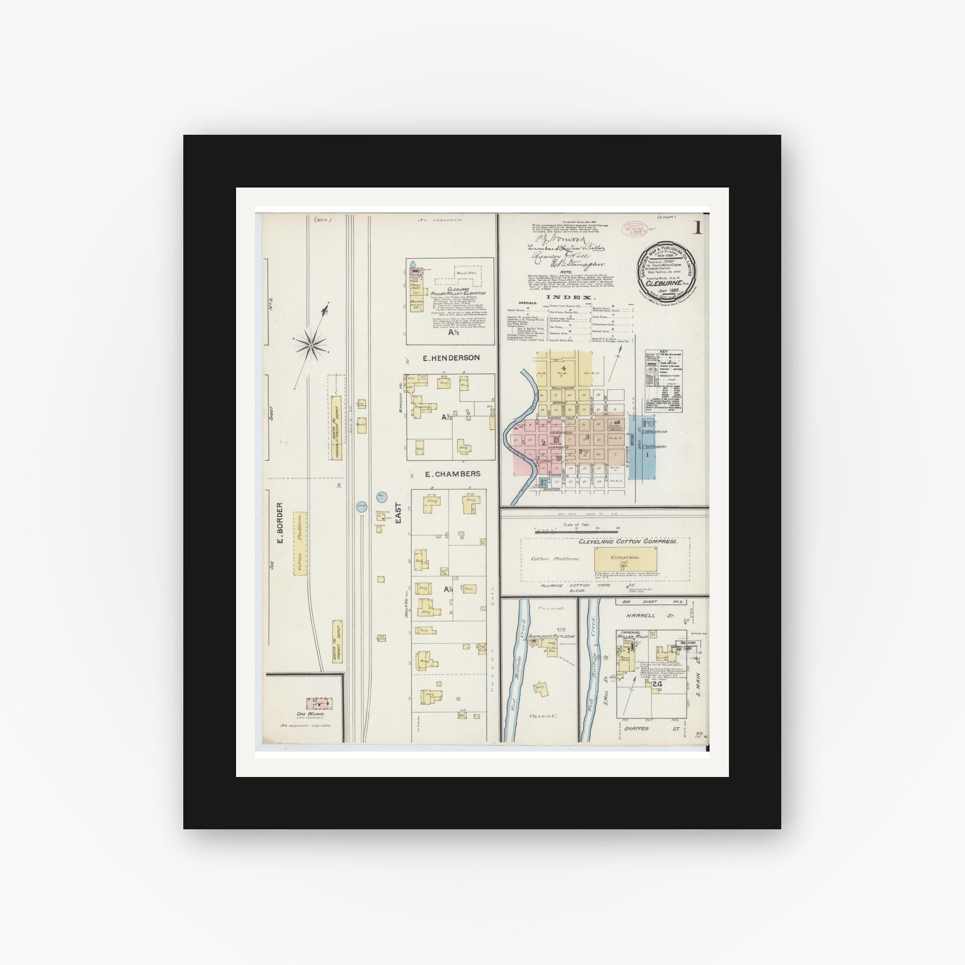 Old map wall art mockup — black gallery frame with white mat — Sanborn Fire Insurance Map from Cleburne, Johnson County, Texas (1888), Sheet #0001