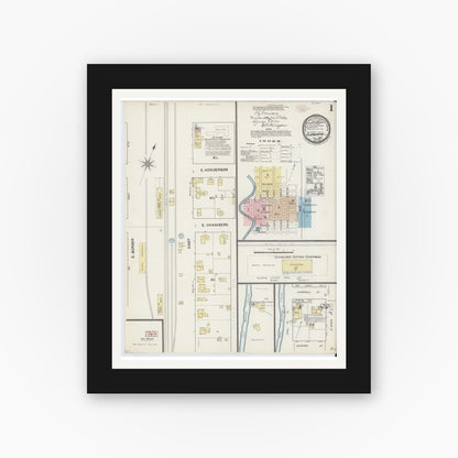 Old map wall art mockup — black gallery frame with white mat — Sanborn Fire Insurance Map from Cleburne, Johnson County, Texas (1888), Sheet #0001