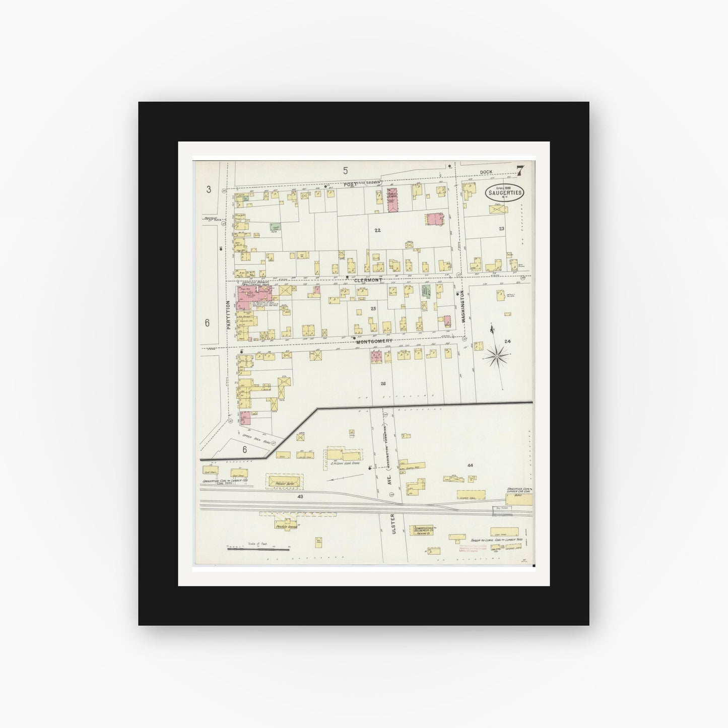 Old map wall art mockup — black gallery frame with white mat — Sanborn Fire Insurance Map from Saugerties, Ulster County, New York (1898), Sheet #0007