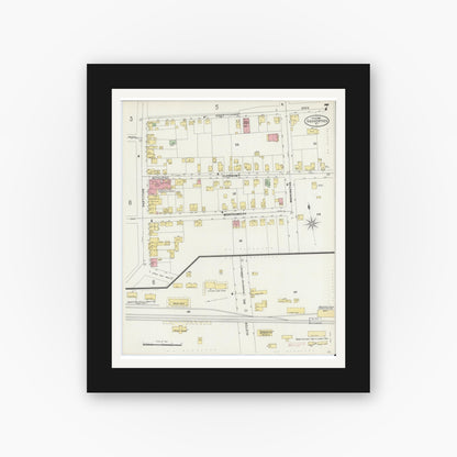 Old map wall art mockup — black gallery frame with white mat — Sanborn Fire Insurance Map from Saugerties, Ulster County, New York (1898), Sheet #0007