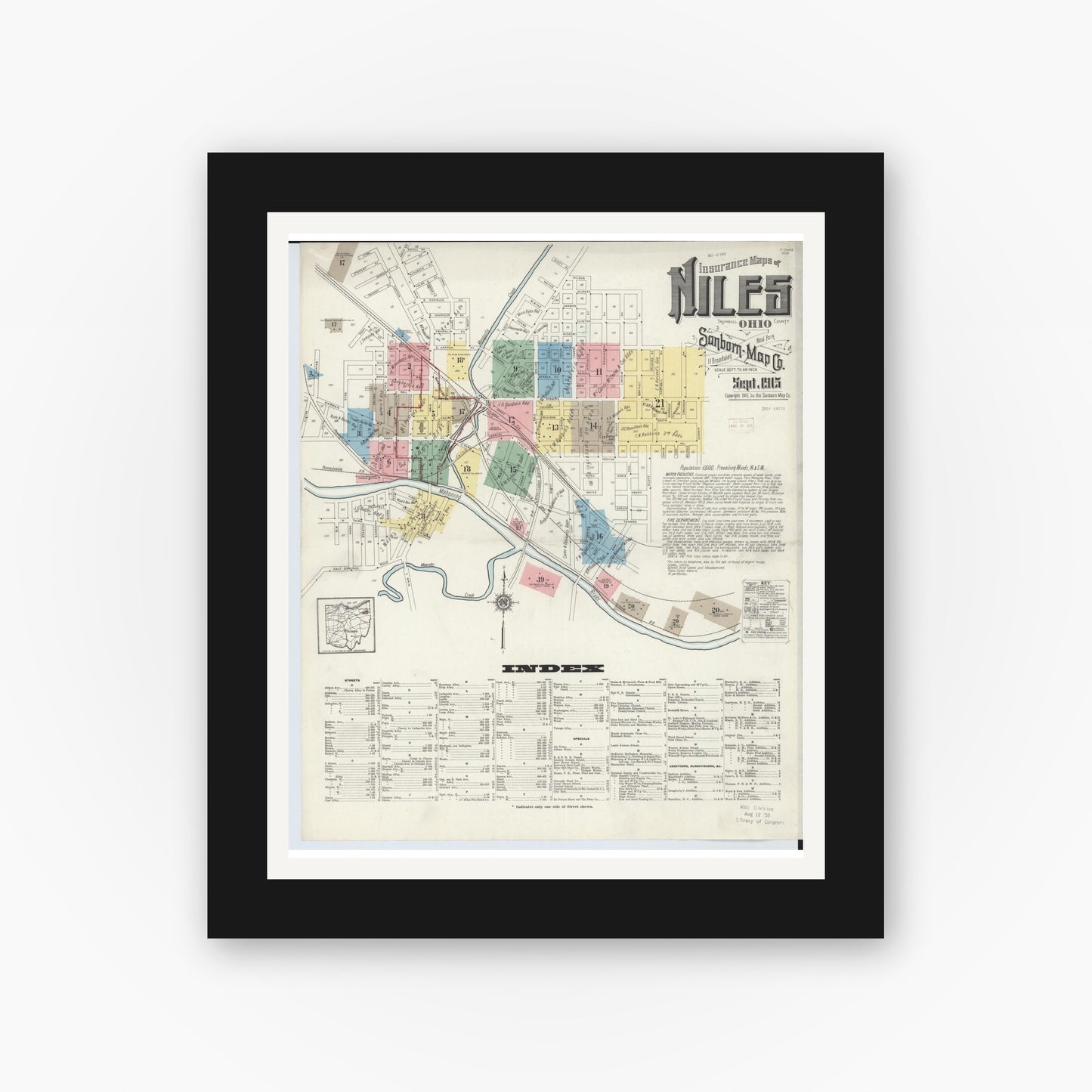 Old map wall art mockup — black gallery frame with white mat — Sanborn Fire Insurance Map from Niles, Trumbull County, Ohio (1915), Sheet #0001