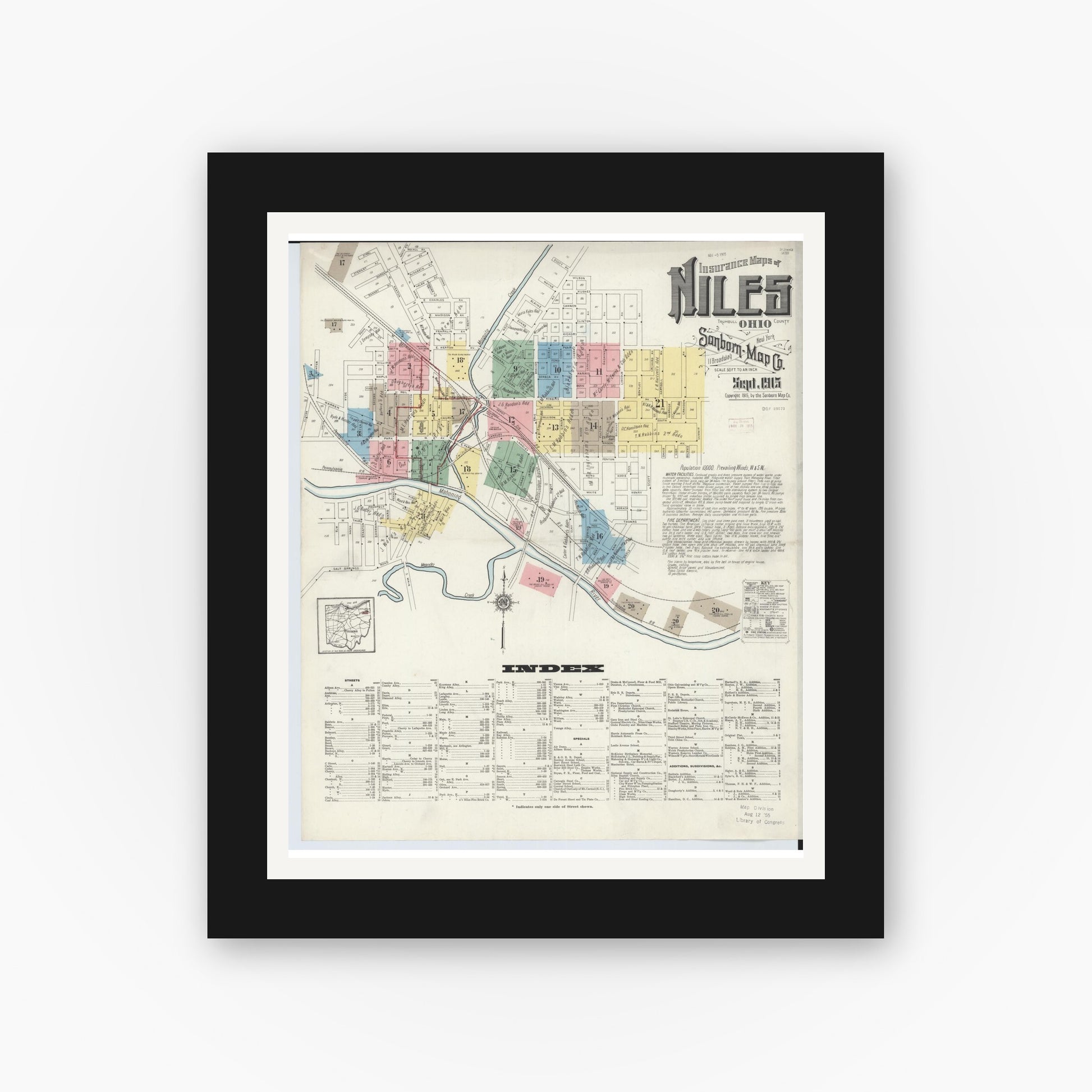 Old map wall art mockup — black gallery frame with white mat — Sanborn Fire Insurance Map from Niles, Trumbull County, Ohio (1915), Sheet #0001